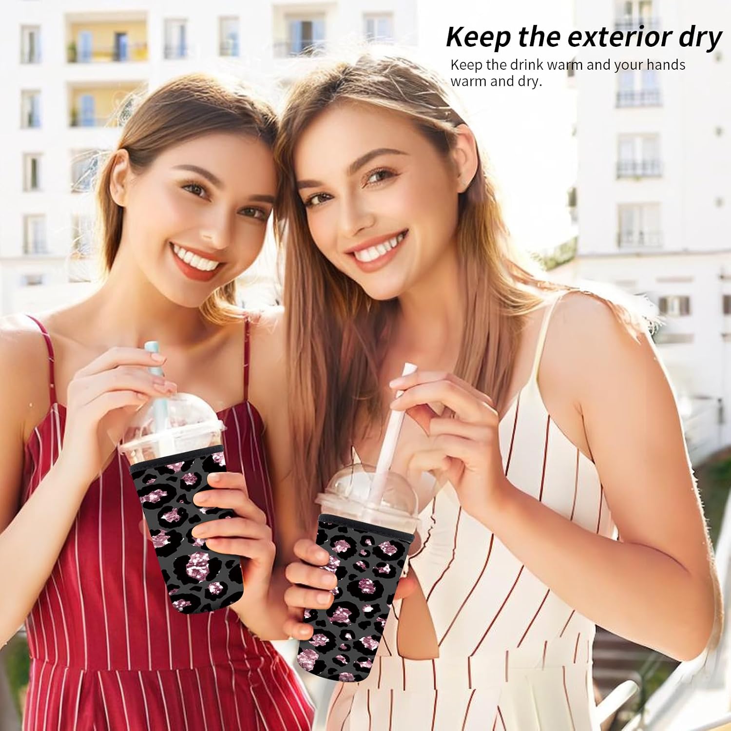 3 Pack Reusable Neoprene Insulator Sleeve for Iced Coffee Cups, Cute Funny Coffee Cup Sleeve, Universal Fit 16-32oz Cups for Hot Cold Beverages Cute Pink Leopard