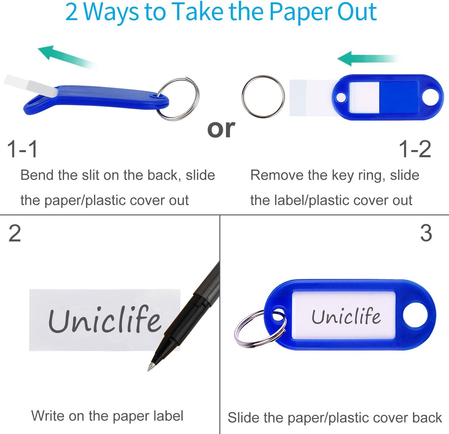 Uniclife 48 Pack Plastic Key Tags with Split Rings ID Label Window Assorted Colors