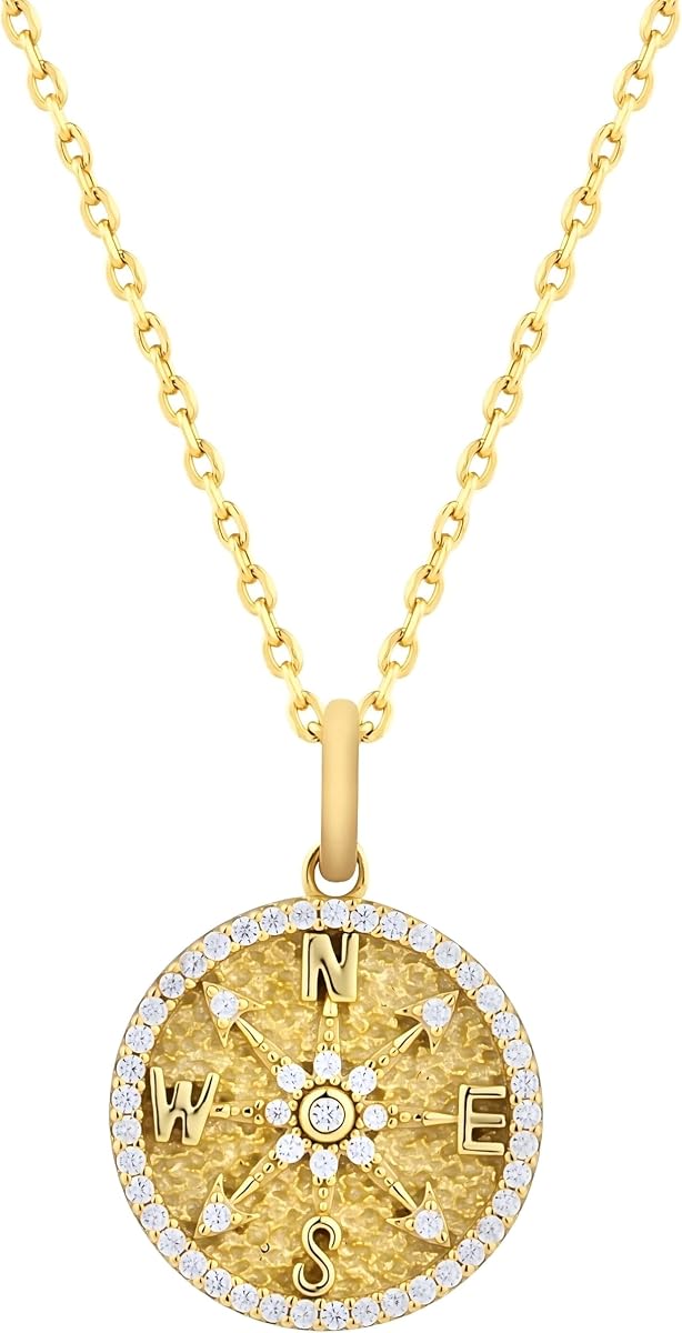Compass Pendant Necklace for Women | 14K Gold Plated Sterling Silver with Cubic Zirconia, Adjustable Chain, Dainty Guidance Jewelry for Travel & Graduation Gift