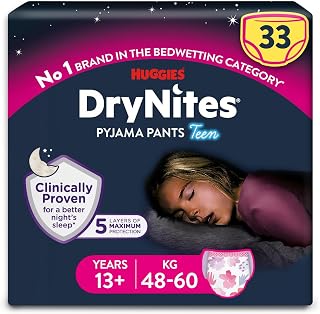 HUGGIES DryNites, Pyjama Pants, Girls 13+ Years (48-60KG), 33 x Bedwetting Pants, Up to 100% Le