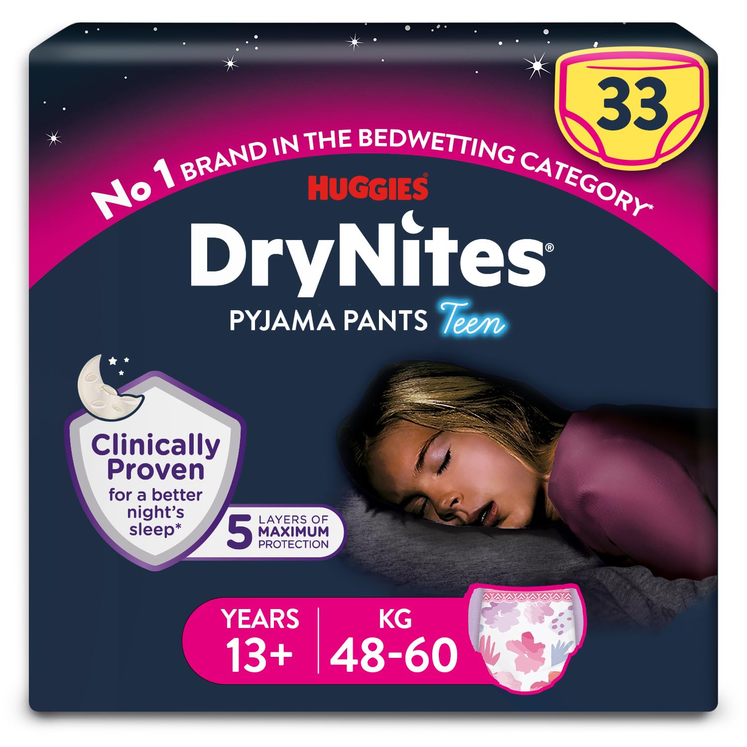 DryNites, Pyjama Pants, Girls 13+ Years (48-60KG), 33 x Bedwetting Pants, Up to 100% Leak Free Nights