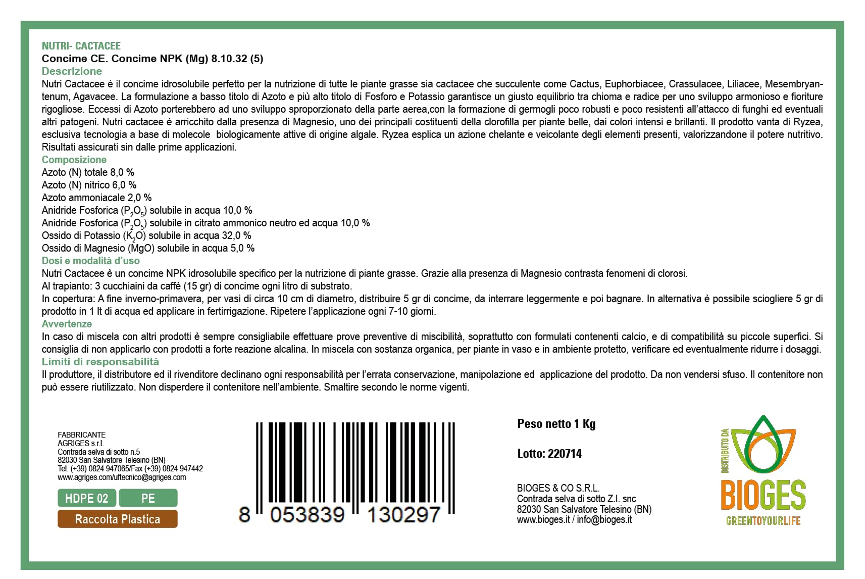 Nutri Cactacee 1 kg concime per Piante grasse