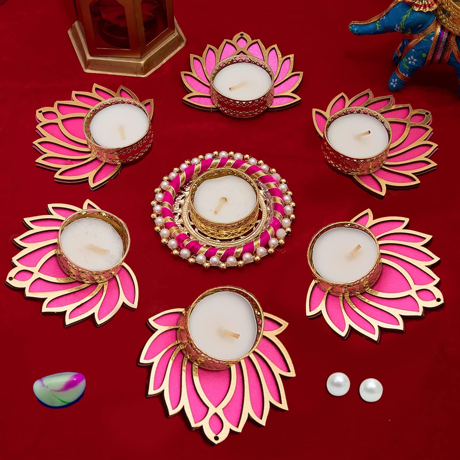 GIFT JAIPUR Handmade 7 Pc Pink Lotus Chudi Diya Rangoli Candles With Wax For Diwali Ganesh Chaturthi Laxmi Pooja Home Temple Rangoli Diya Floor Decoration, Woody