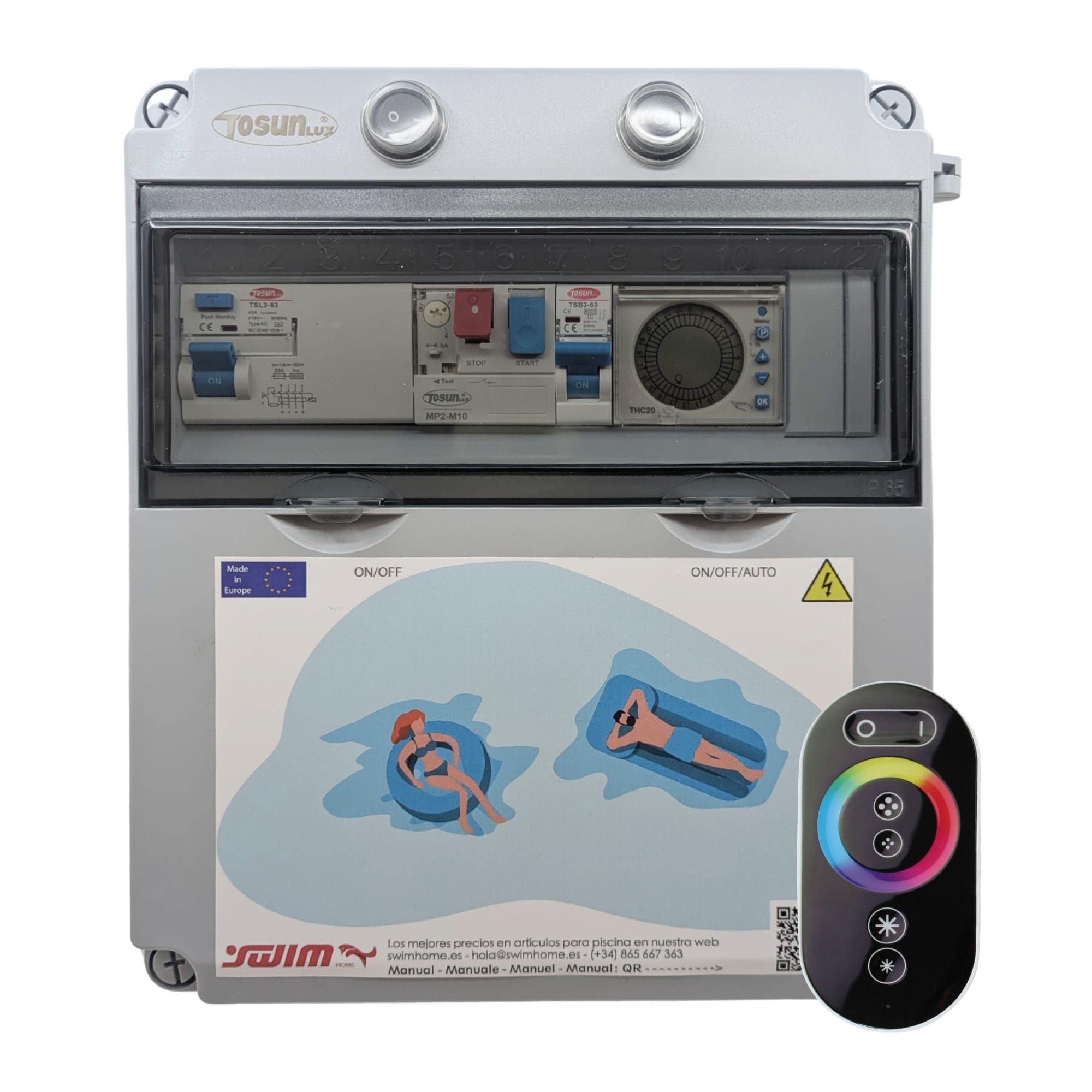 Tosun Cuadro Eléctrico Piscina Trifásico, 150W 12V IP65, Bomba 6-10A, Control RGB 4 Hilos, Gris, 30 x 25 cm
