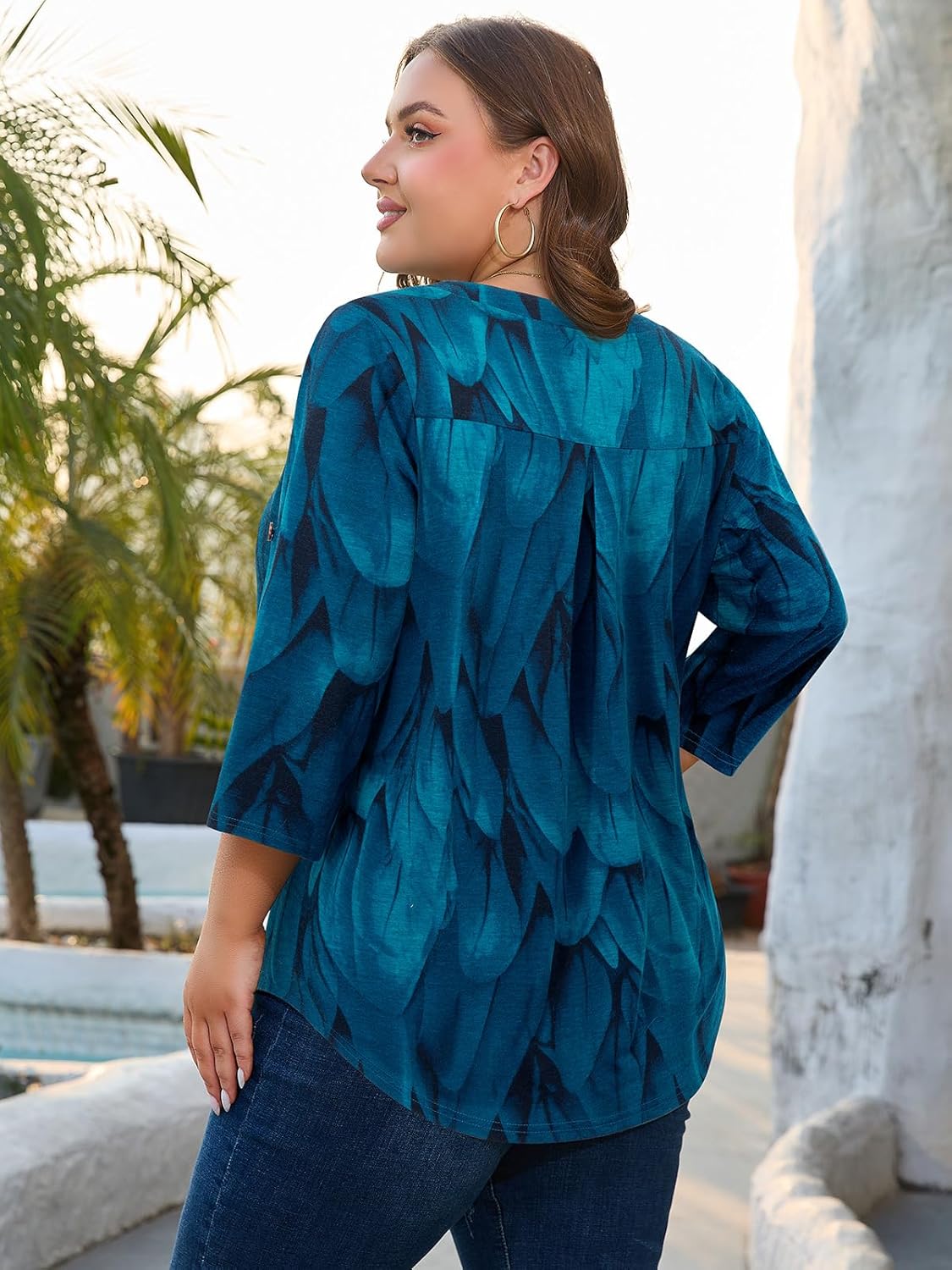 Siddhe Plus Size Blouses for Women, Plus Size Womens Shirts Dressy Casual Ladies Loose Fit Pleated V Neck Summer Tunic Tops Spring 3/4 Sleeve Tops and Blouses Flowy Floral Shirt 2025, Peocock Blue, XL - Image 3