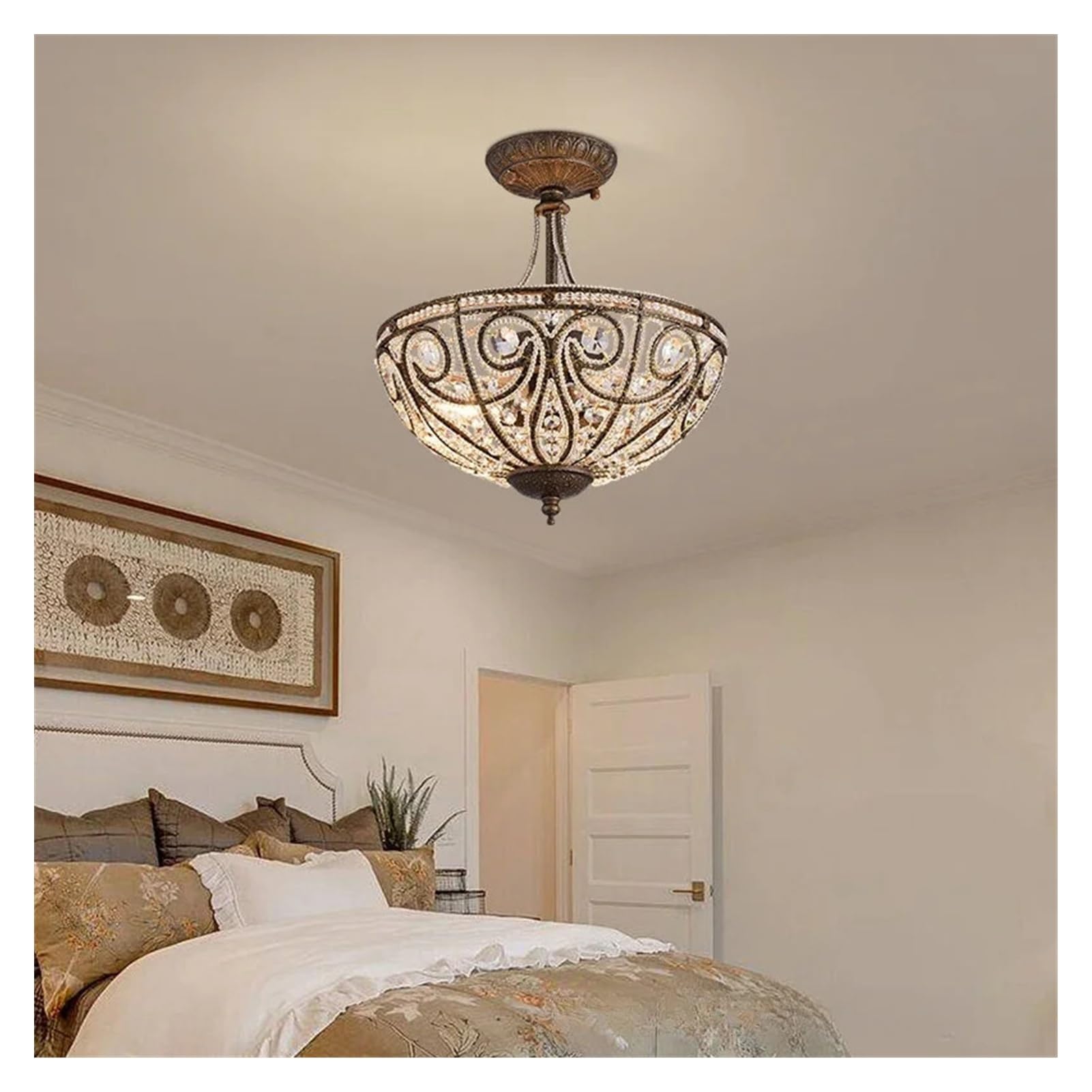 Plafonnier cristal bronze rétro européen tricolore D330mm pour chambre