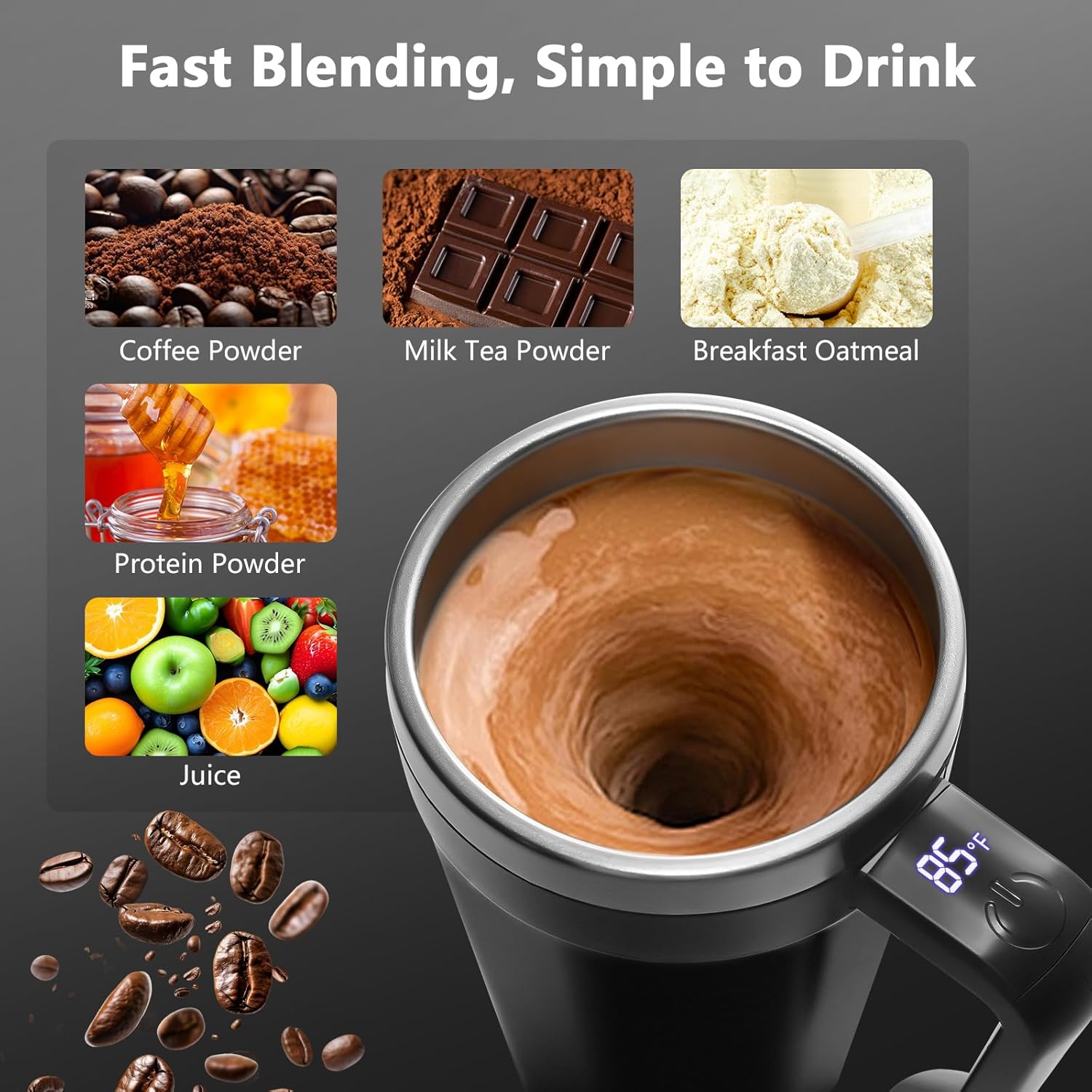 Self Stirring Coffee Mug with Temperature Display, 18 oz Rechargeable Self Stirring Mug with Lid, Automatic Self Stirring Cup, Coffee Mug with Stainless Steel for Coffee, Milk, Beverages, Black
