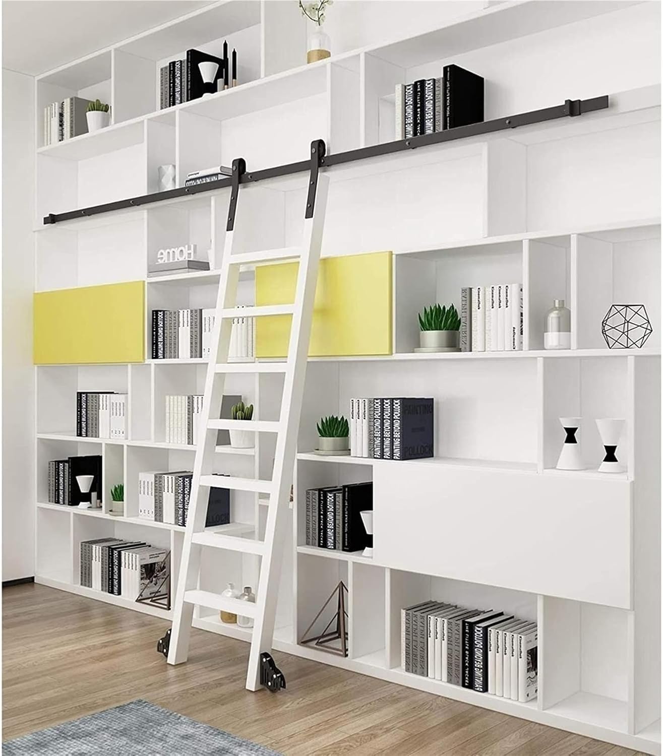 Rolling Ladder Hardware Library - Sliding Ladder Hardware Kit Round Track/Rail,Steel Round Tube Mobile Ladder Track For Home/Indoor/Loft, With Floor Roller Wheels track ，150cm(4.9 ft) track kit