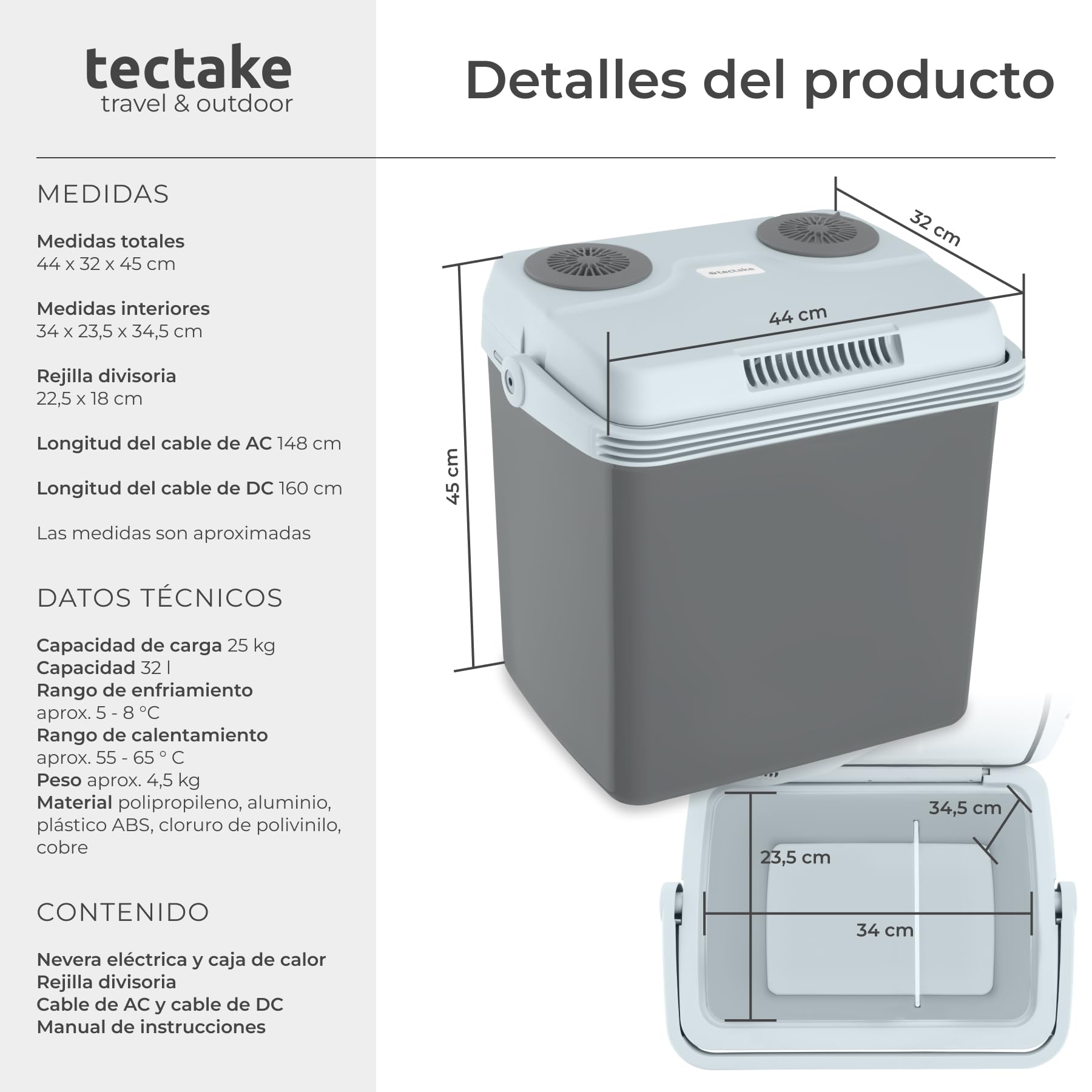 tectake® Nevera Eléctrica 2 en 1, 32 l, Funciones Refrigeración y Calentamiento, 44 x 32 x 45 cm, Modo Eco, Silencioso, 230 V y 12 V Enchufes Domésticos y del Coche, Acampada, con Aislamiento - Gris