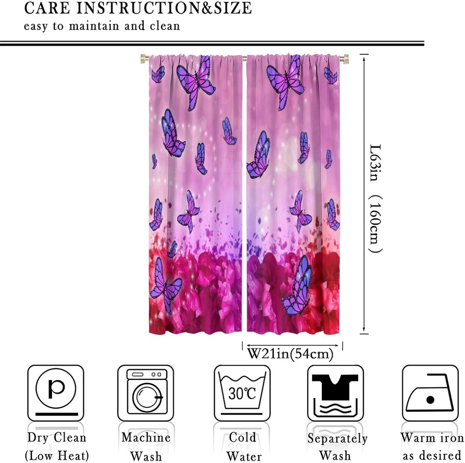 Beautiful Butterfly Curtains,Red Flowers Floral Purple Butterfly Romantic Fantasy Background Blackout Rod Pocket Curtain for Kids Girls Bedroom Living Room Decor Window Drapes 42x63in