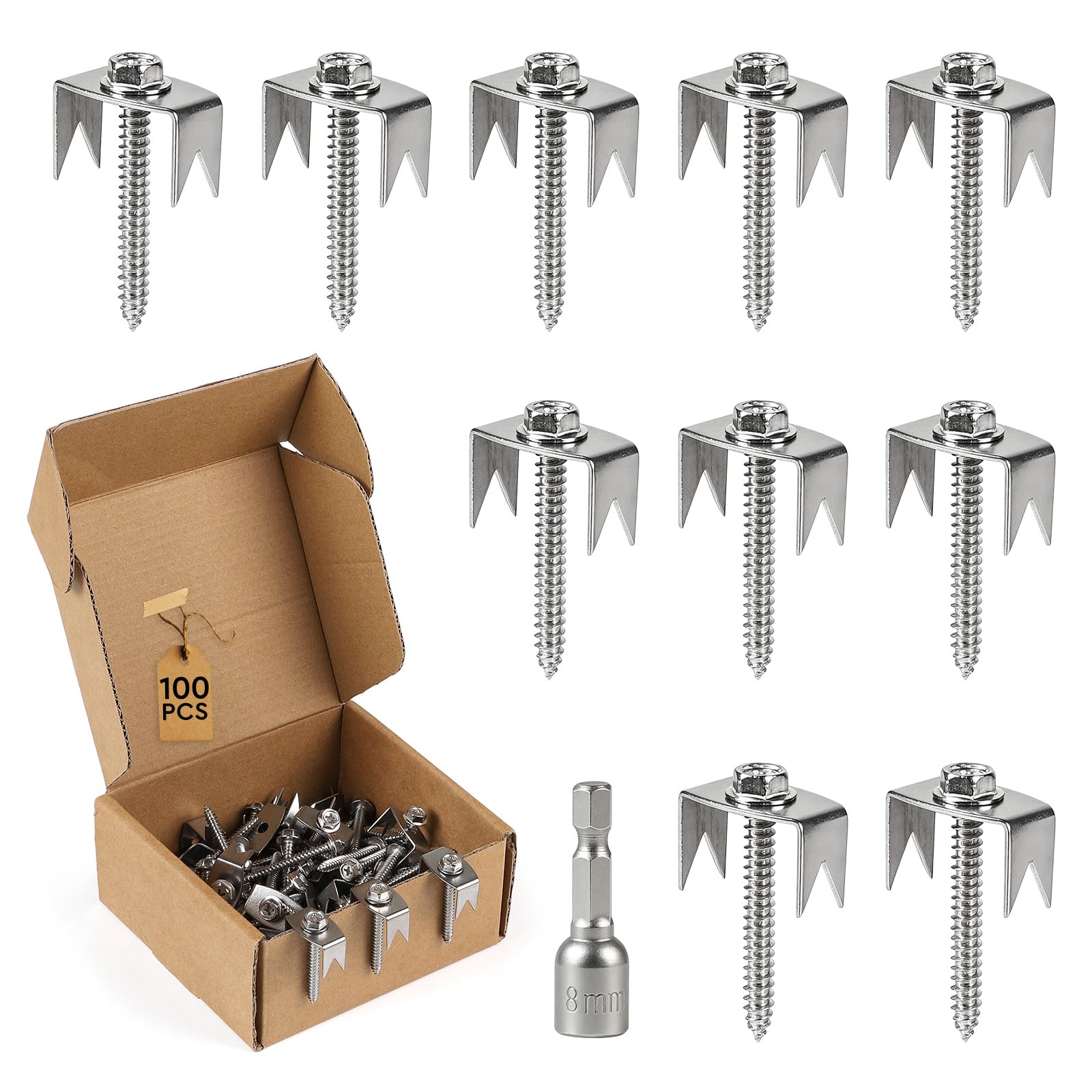 SWAWIS 100x Grapas para Vallas Reutilizables in Acero Inoxidable 304 | 45mm x M5, con M8 Adaptador, para Fijar Malla de Alambre de Acero Malla Tejida Malla Metálica a Postes de Madera