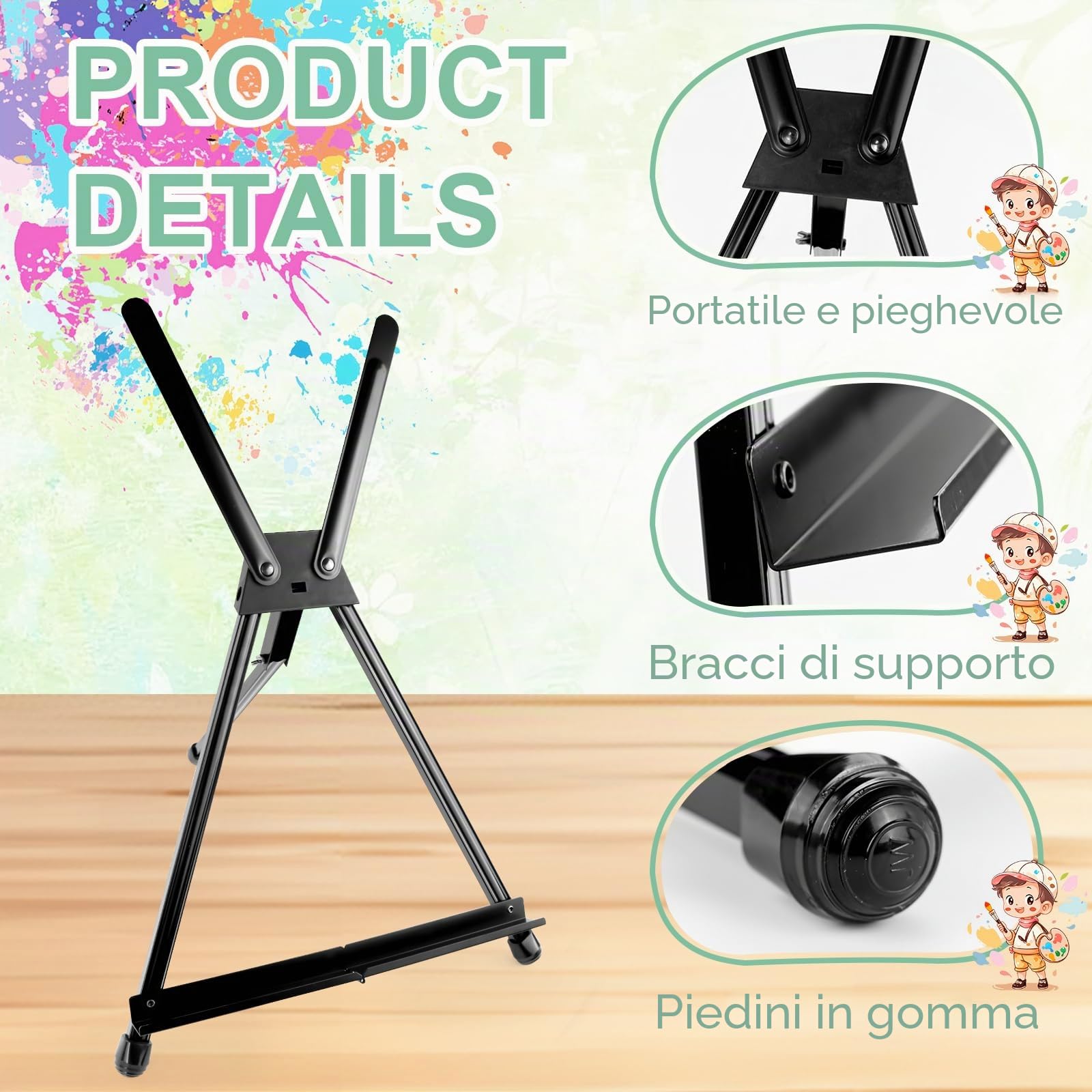 Cavalletto Pittura, Cavalletto da Tavolo per Dipingere, Pieghevole Cavalletto Portatile, cavalletto da tavolo, Telescopico da Pavimento per Matrimoni, Poster, Interni, Esterni, Nero