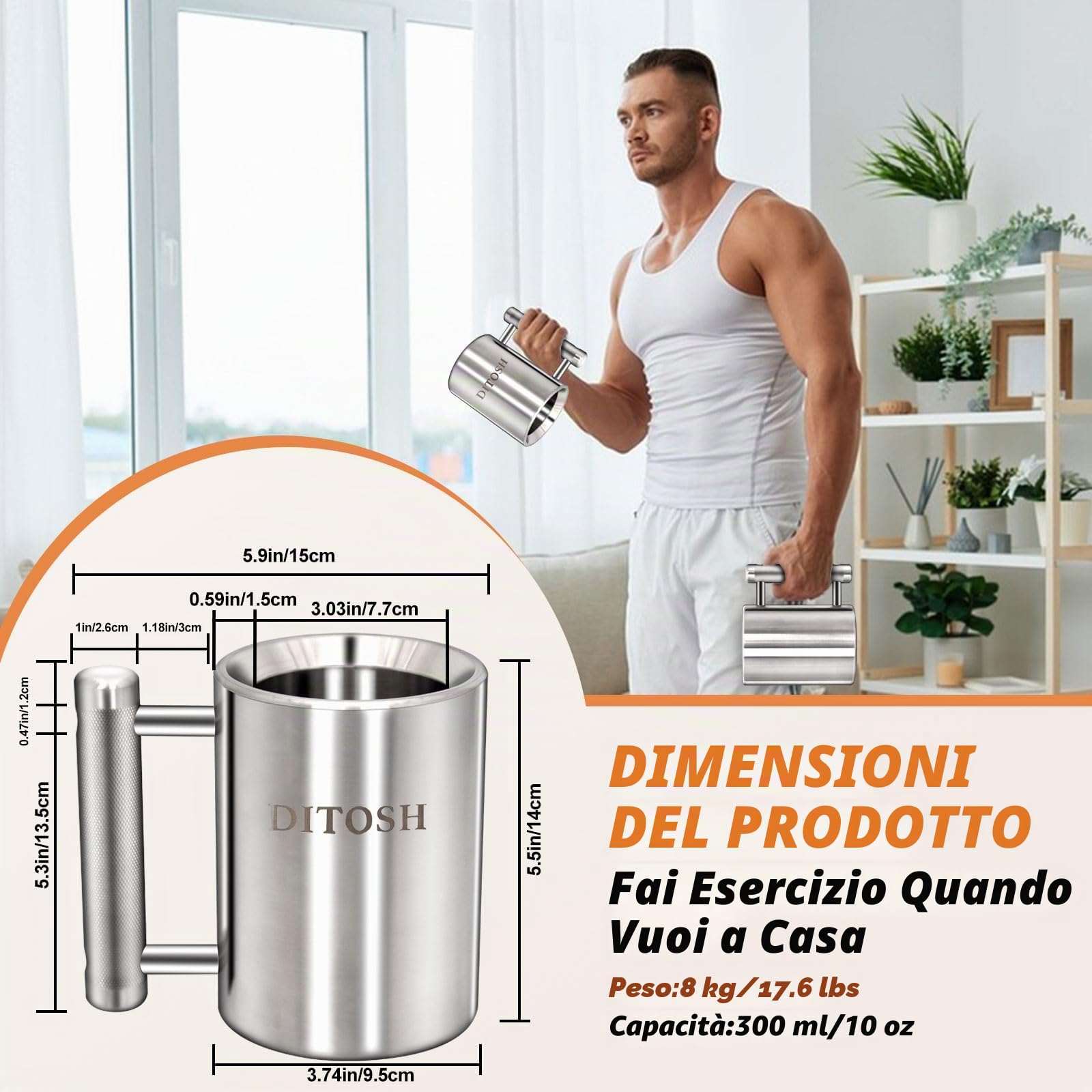 8kg/17.6lb Pesante Tazza di Caffè Sfida 304 Acciaio Inox Tazze Manubrio Argento Sovrappeso Sport Tazza d'acqua per l'allenamento Fitness Braccio Forza Prank Regalo Casa Palestra 300ml/10.2oz