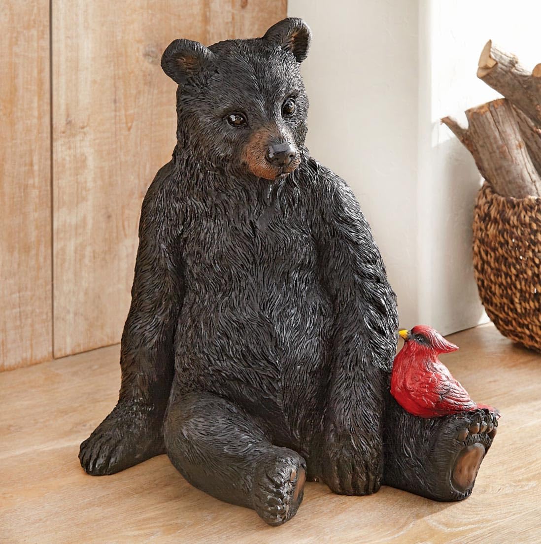 BLACK FOREST DECOR Black Bear & Cardinal Sculpture, Polyresin, 20" W x 15 1/4" D x 22 1/2" H
