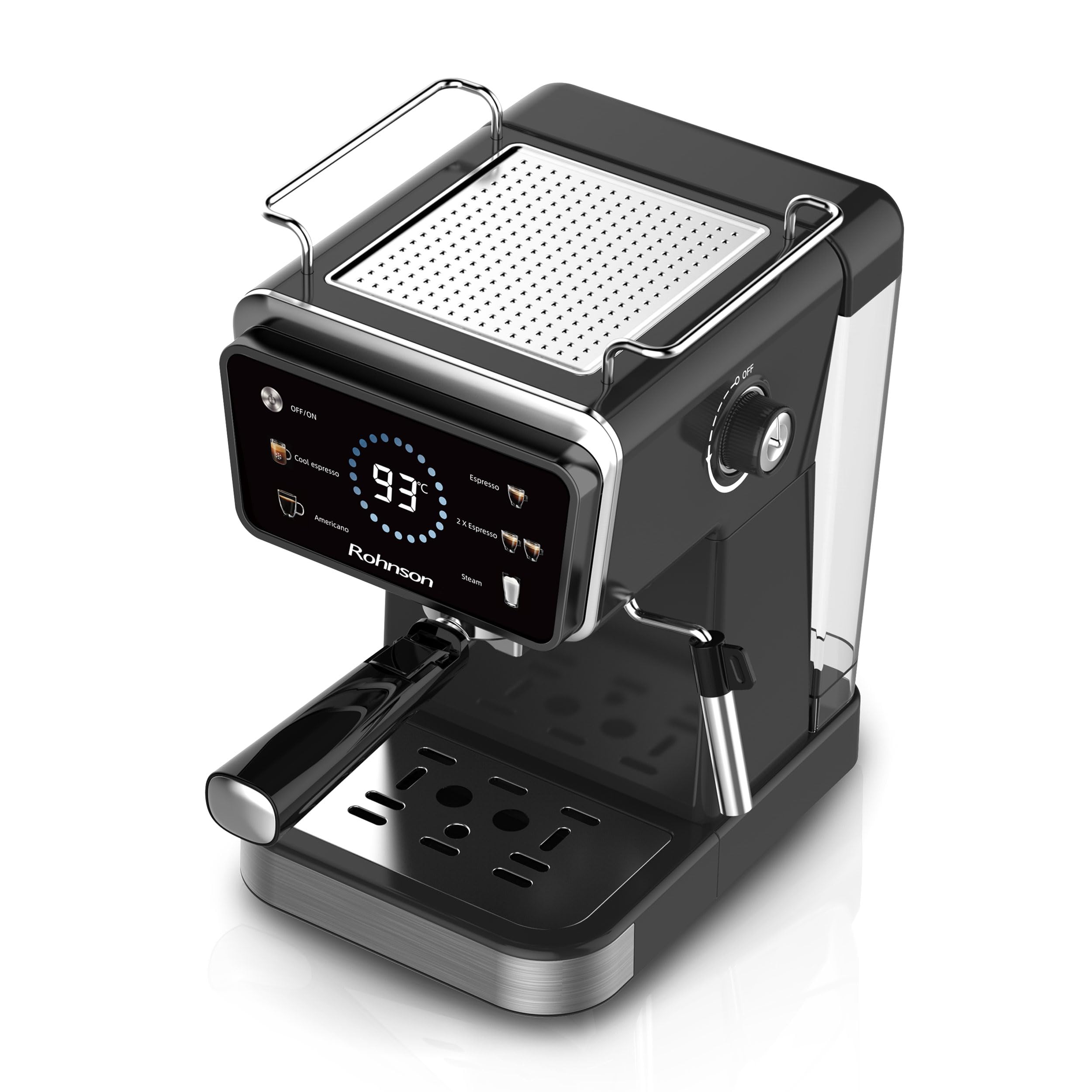 Rohnson Macchina per Espresso Caffè Macinato, Pompa da 20 Bar, Serbatoio Acqua Rimovibile da 1,5 L, 1350W, Tecnologia Caldo e Freddo, Lancia Vapore per Latte, Facile da Pulire, Design Efficiente