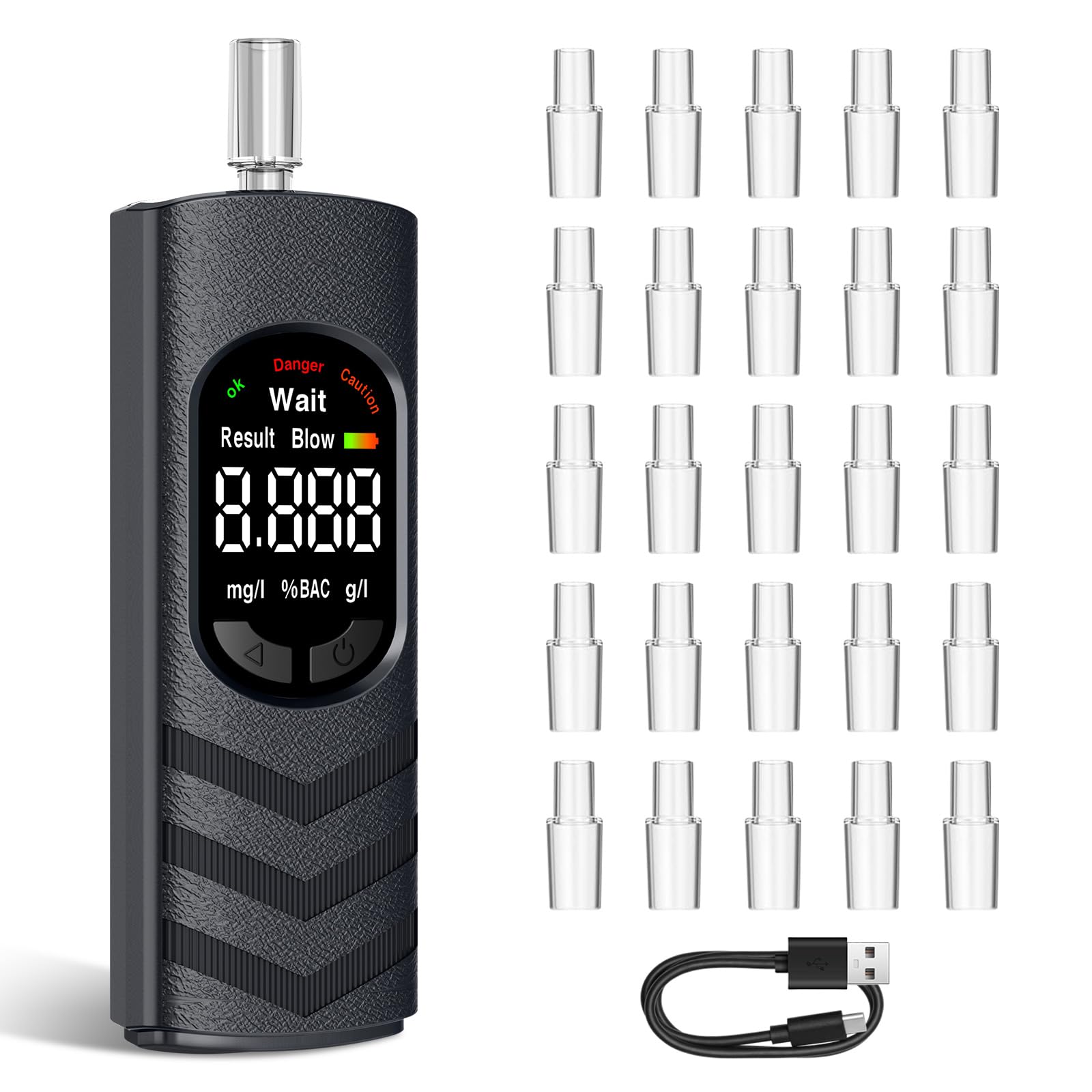 Ethylotest Electronique, Alcootest Portable avec Écran LCD, Ethylometre Personnel pour Auto-Contrôle, Rechargeable USB, avec 25 Embouts Buccaux