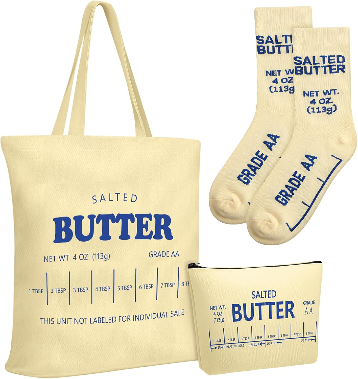 3 Pcs Butter Themed Gift Set for Women Canvas Tote Makeup Bag Socks