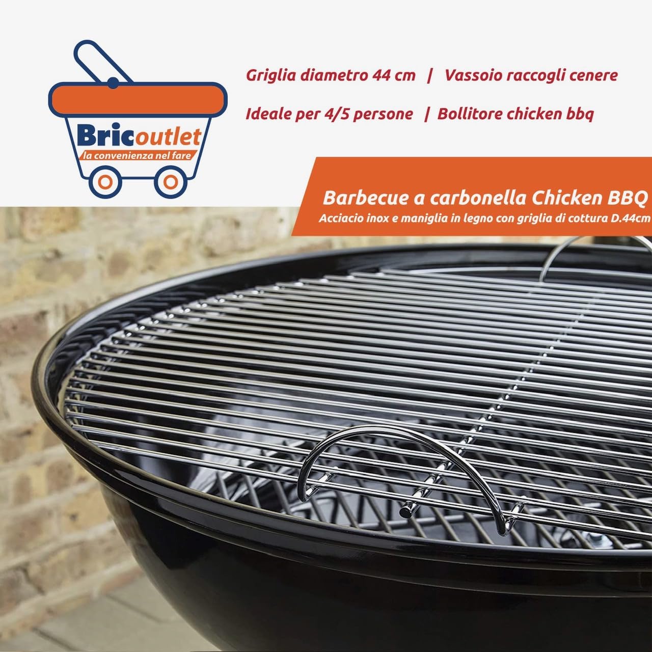 Barbecue a Carbonella CHICKEN BBQ – Griglia Ø44cm in Acciaio Inox – BBQ Portatile da Giardino, Balcone, Campeggio – con Maniglia in Legno – Barbecue Piccolo Compatto