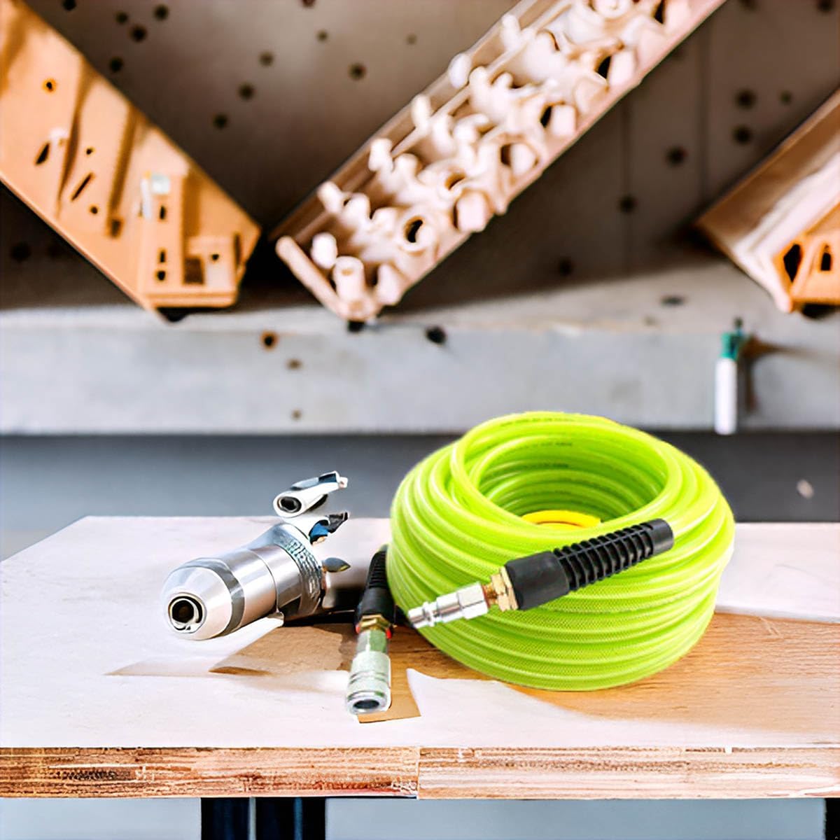 SANFU Polyurethane(PU) Reinforced 3/8”ID x 100ft Air Hose, 300PSI Wear Resistant with 3/8” Reassembled Industrial High Flow Quick Coupler and Plug, Bend Restrictor, Green(100’)