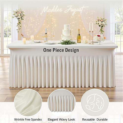 Miniatura 3 de 3 paquetes de falda de mesa de elastano de 8 pies, mantel elástico marfil, diseño de volantes sin arrugas, perfecto para mesas rectangulares,