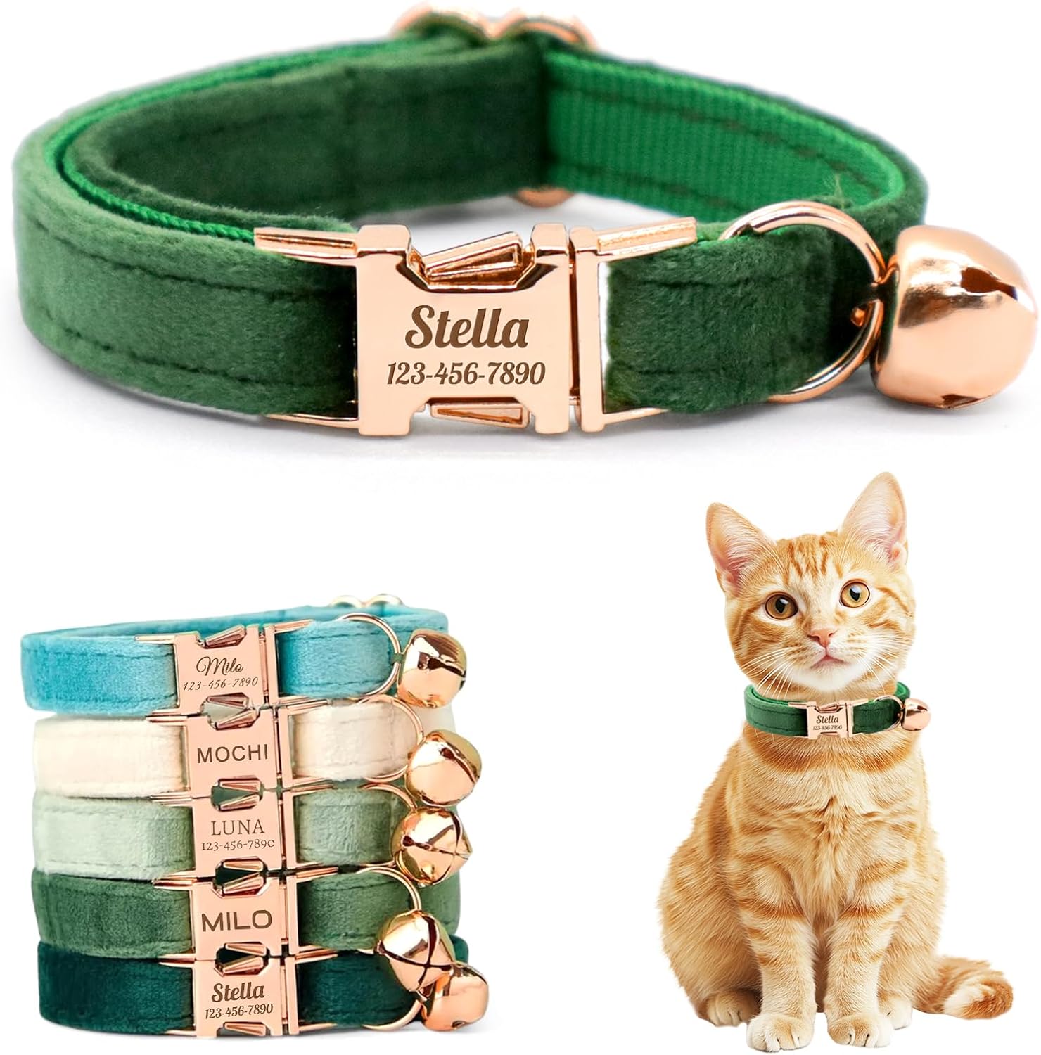 Personalized Velvet Cat Collar with Name, Dark Green: S