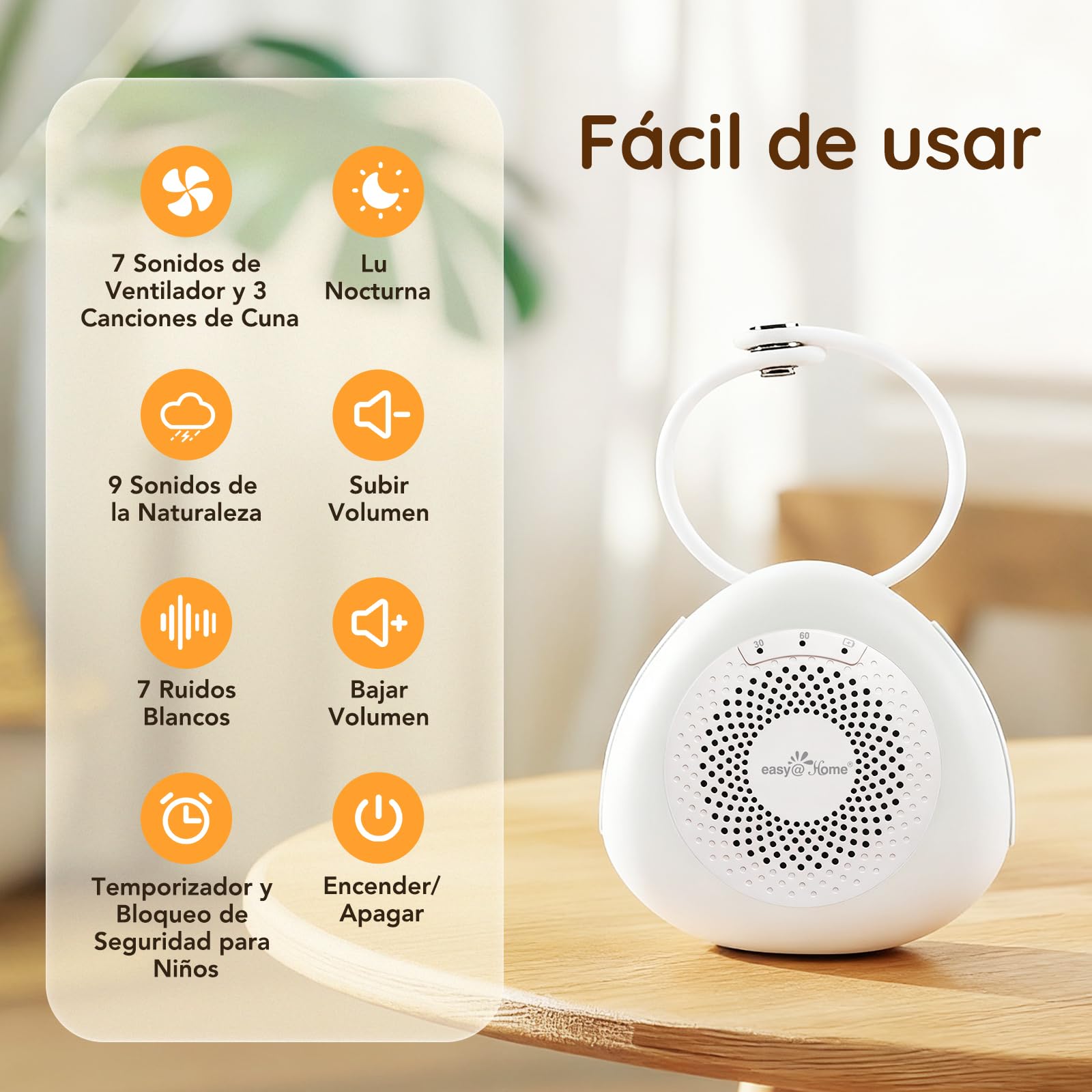 Easy@Home Máquina para ruidos blancos portátil con 30 sonidos relajantes, temporizador automático y luz nocturna | Ideal para bebés y adultos, generador de ruido blanco para dormir y relajarse