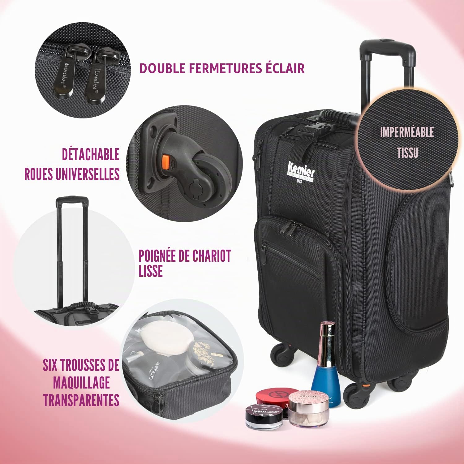 Mallette Maquillage en Nylon Souple à roulettes avec Pochettes, Organiseur Cosmétique Portatif de, Noir