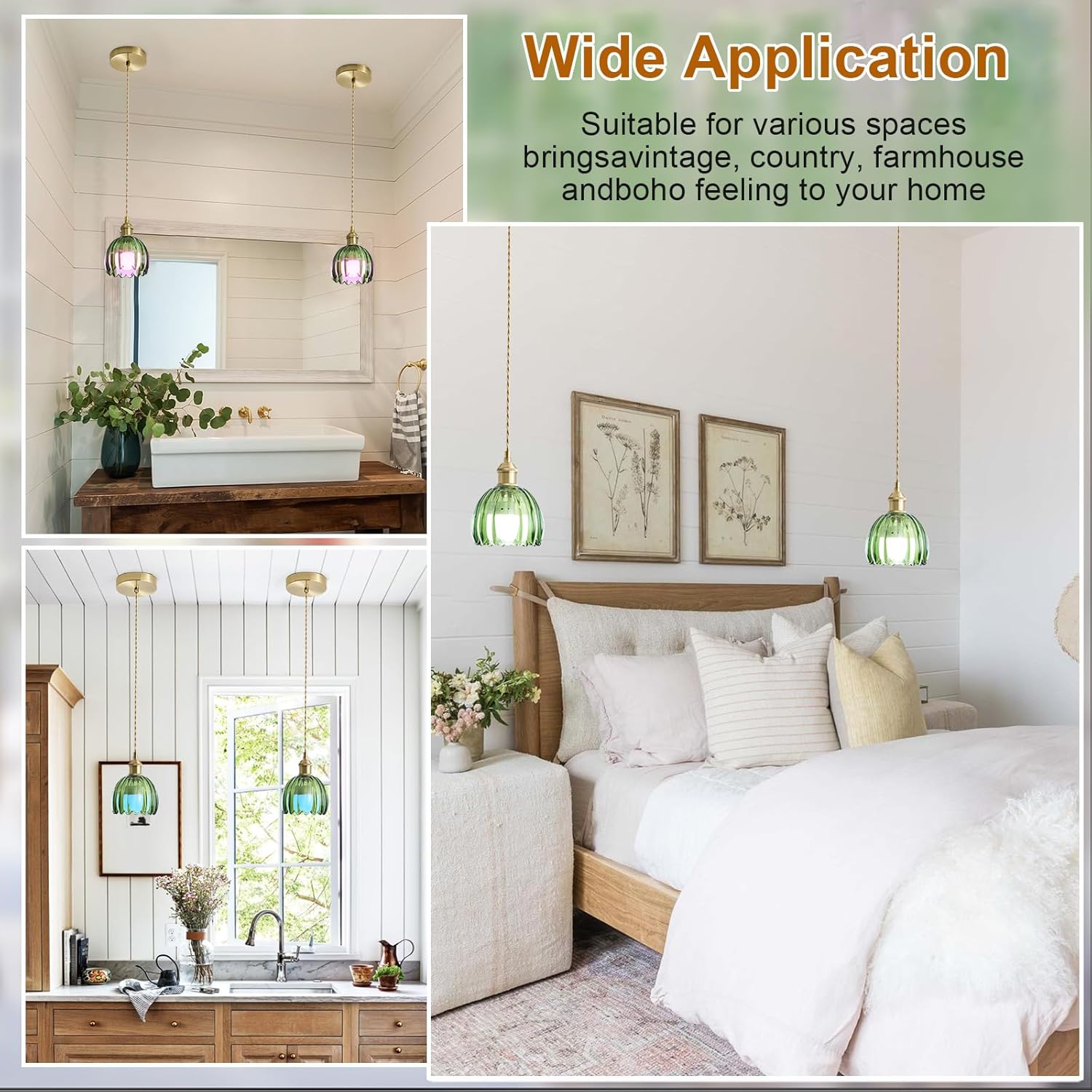 Battery Operated Mini Pendant Light Kitchen Island 2 Pack,Wireless Pendant Lights with Green Tulip Glass shade,Remote & 12-Color RGB,Rechargeable Adjustable Hanging Lamp for Bedroom Living Dining Room