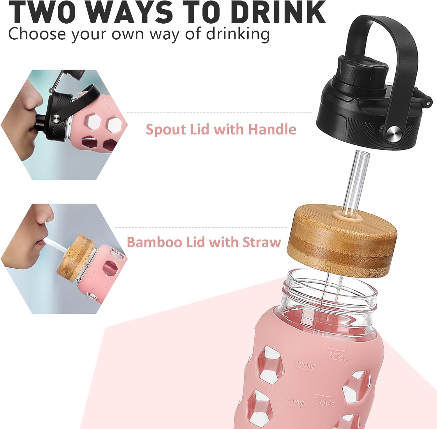 MUKOKO Glass Water Bottles, 24oz Glass Tumbler with Straw, Drinking Bottles with 2 Lids-Handle Spout Lid&Bamboo Straw Lid, Motivational Water Bottle with Time Marker and Silicone Sleeve, 1 Pack-Pink - Image 2