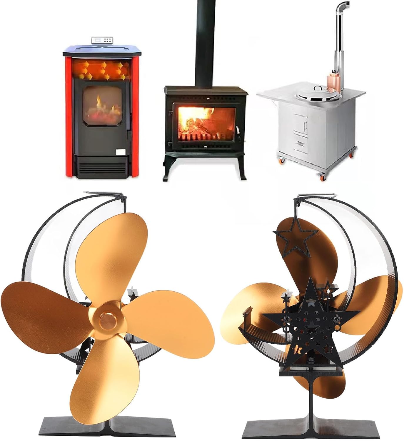 Wood Stove Fan Heat Powered Stove Heater Fireplace Fan Non Electric Wood Burning Stove for Camping Outdoor Indoor Use (Golden)