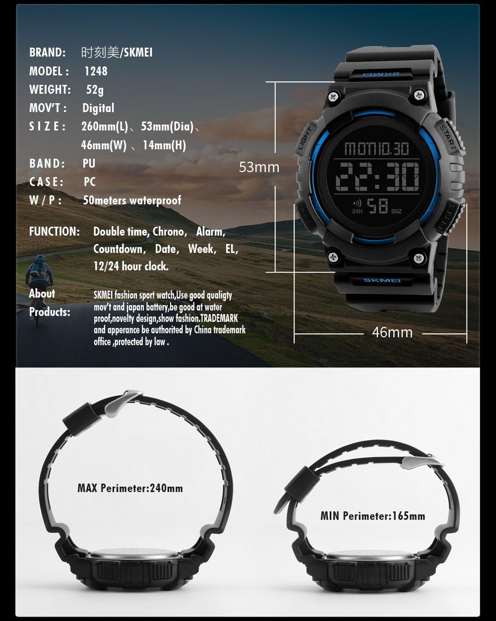 FANMIS Men's Digital Waterproof Sports Watch Military Multifunction Dual Time Countdown Stopwatch Alarm Back Light 50M Waterproof Watch