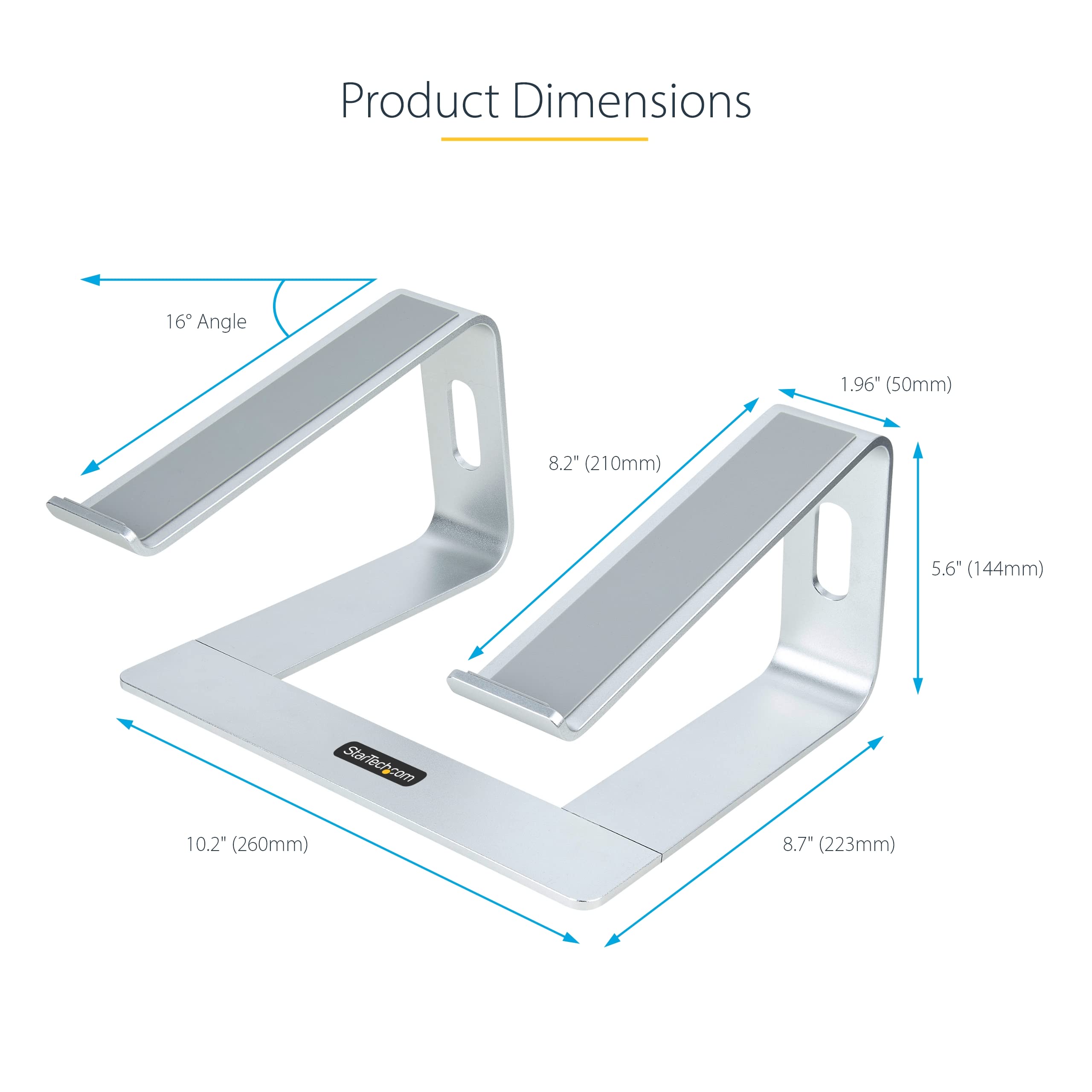 StarTech.com Stojak na laptopa na biurko, obsługuje 5 kg/11 lb, aluminiowy, srebrny, ergonomiczny uchwyt na laptopa, przenośny uchwyt na laptopa, stojak komputerowy do Macbook Air/Pro, Dell XPS,