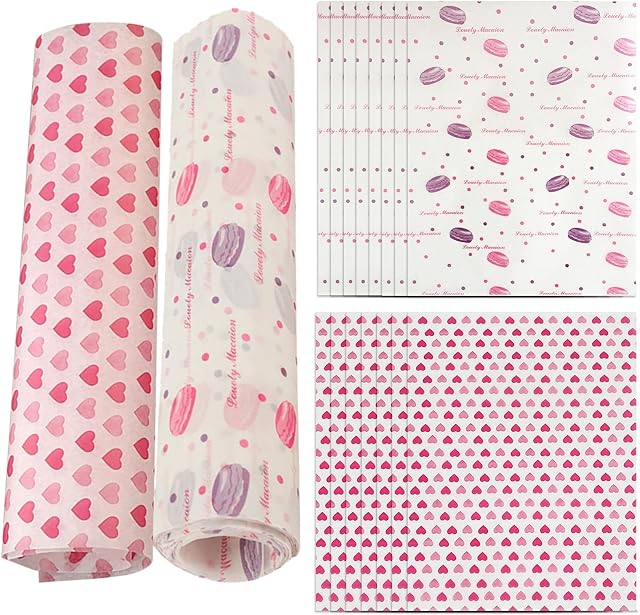 100 PCS Food Grade Wrap Paper, Heart Greaseproof Paper Waterproof Wax Paper Sheets Food Wrapping Liners Food Basket Paper Food Wrapping Tissue Sandwich Wrappers for Sweets Cakes Cheese Baking