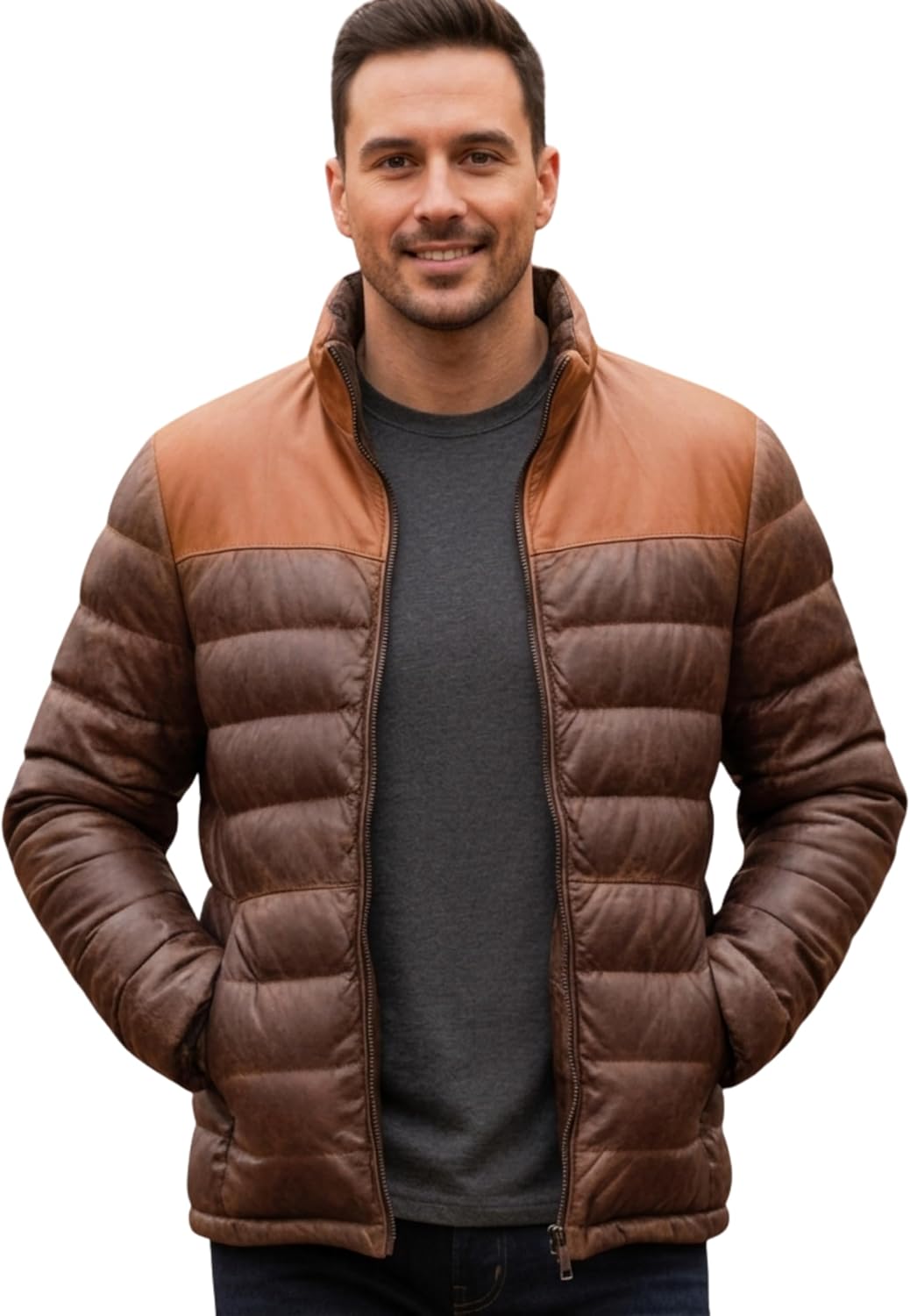 Mens Puffer Jacket Lambskin Down Leather Quilted Lightweight Zip Up Winter Coat