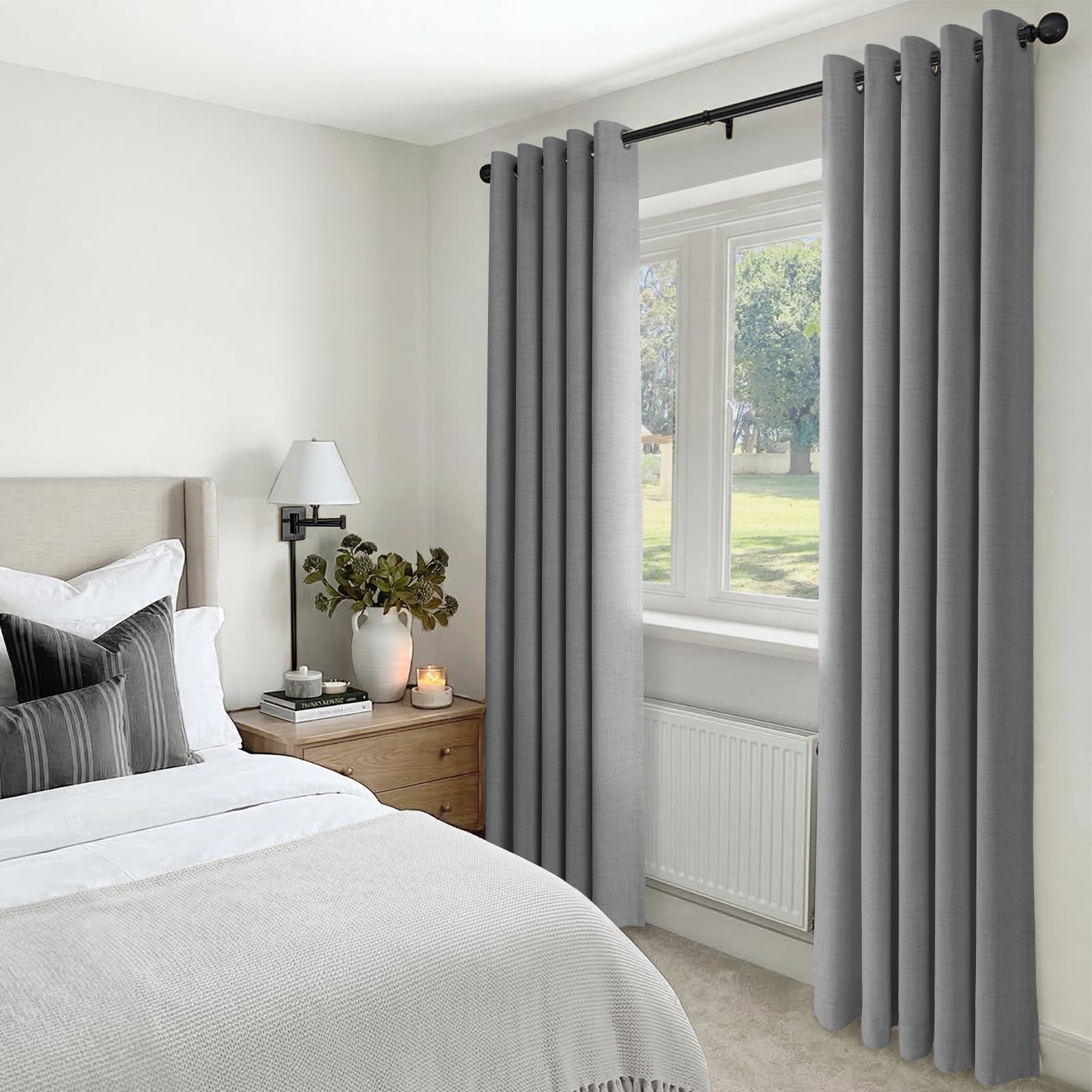 INOVADAY 100% Verdunklungsvorhänge 2 Stück Grau, H245xB140 cm | Gardinen mit Ösen Wohnzimmer, Vorhang Blickdicht Leinenoptik, Thermovorhang für Schlafzimmer, Geräuschreduzierend, OEKO