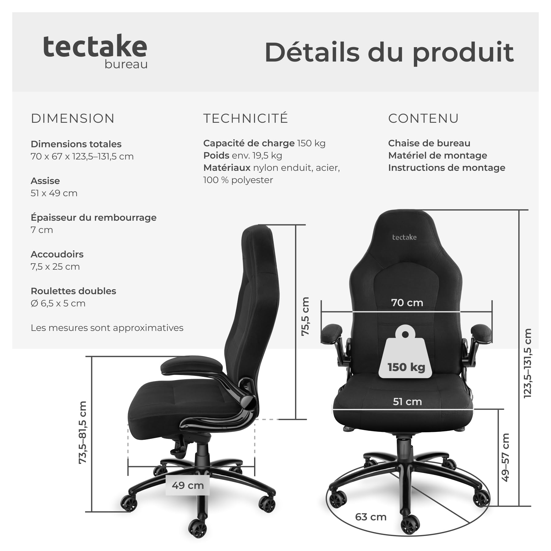 tectake® Chaise de Bureau Chaise Gaming Fauteuil de Bureau Fauteuil pivotant Design 360°, Siege Ergonomique, Fauteuil avec Accoudoirs Rabattables, Appui-tête rembourré, Roulette Teletravail - Noir