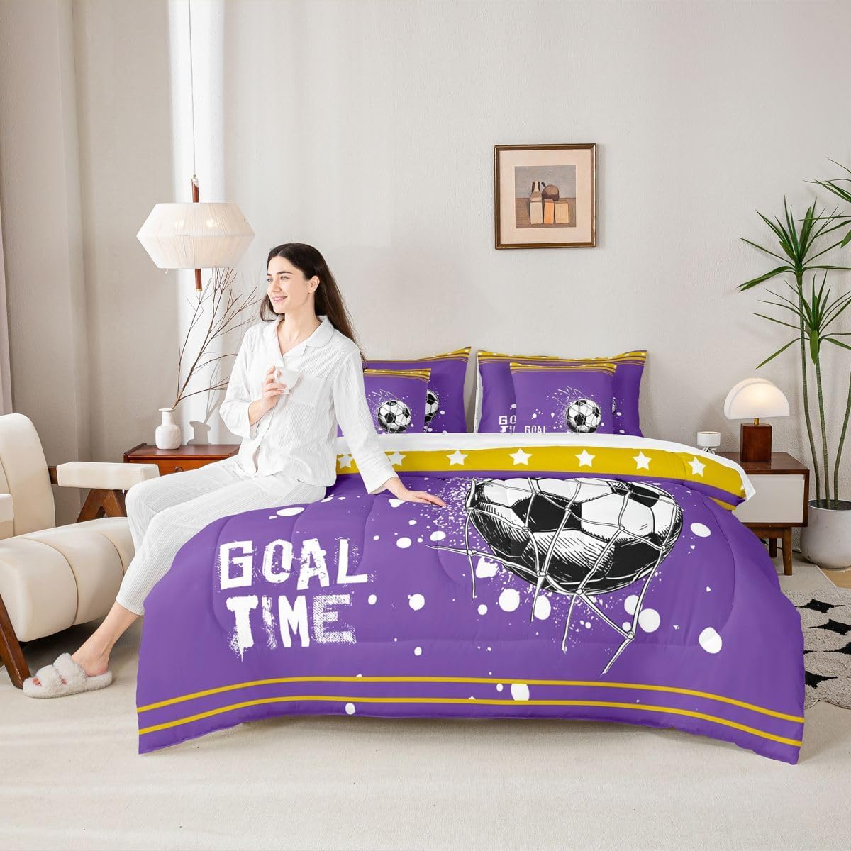 Erosebridal Teens Football Decor 7 Piece Bedding Set Soccer Goal Bed in A Bag Twin Ball Sports Games Comforter Set with Sheets Boys Geometric Stars Striped Bedding Comforter Sets, Purple Yellow