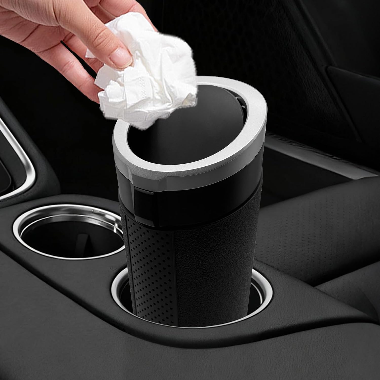 Car Trash Can with Lid, Car Cup Holder Garbage Can, Mini Leakproof Portable Auto Garbage Can, Multipurpose Organizers and Storage Trash Bin for Vehicle Side Door Home Office (Black Silver)