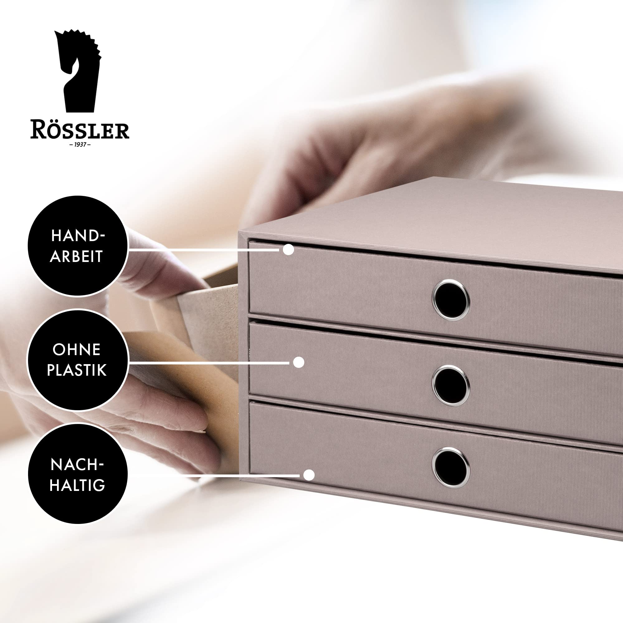 Rössler SOHO 3er Schubladenbox A4 aus Papier | Büro Organizer Schreibtisch| Schubladen Organizer Büro Zubehör & Bürobedarf | Schreibtisch Organizer Box | 34 x 25 x 19 cm | 1 Stück | Farbe: Taupe | Schreibtisch Organizer für Dokumente, Unterlagen, Bürozube