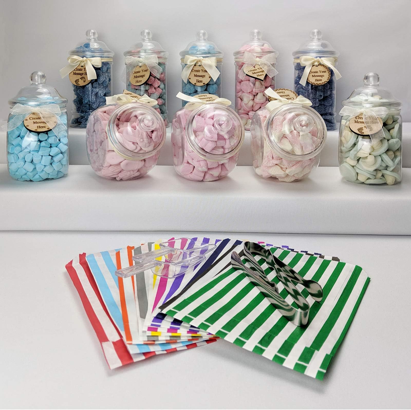 10 Filled Pink and Blue Pick and Mix Small Candy Buffet Sweet Jar Set Personalised Gender Reveal Baby Shower Wedding Birthday Party