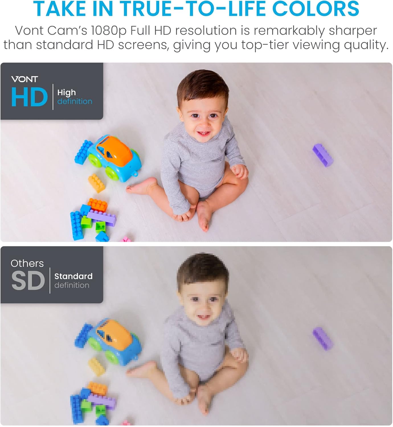 Comparison of 1080p HD and standard definition video quality with a baby playing