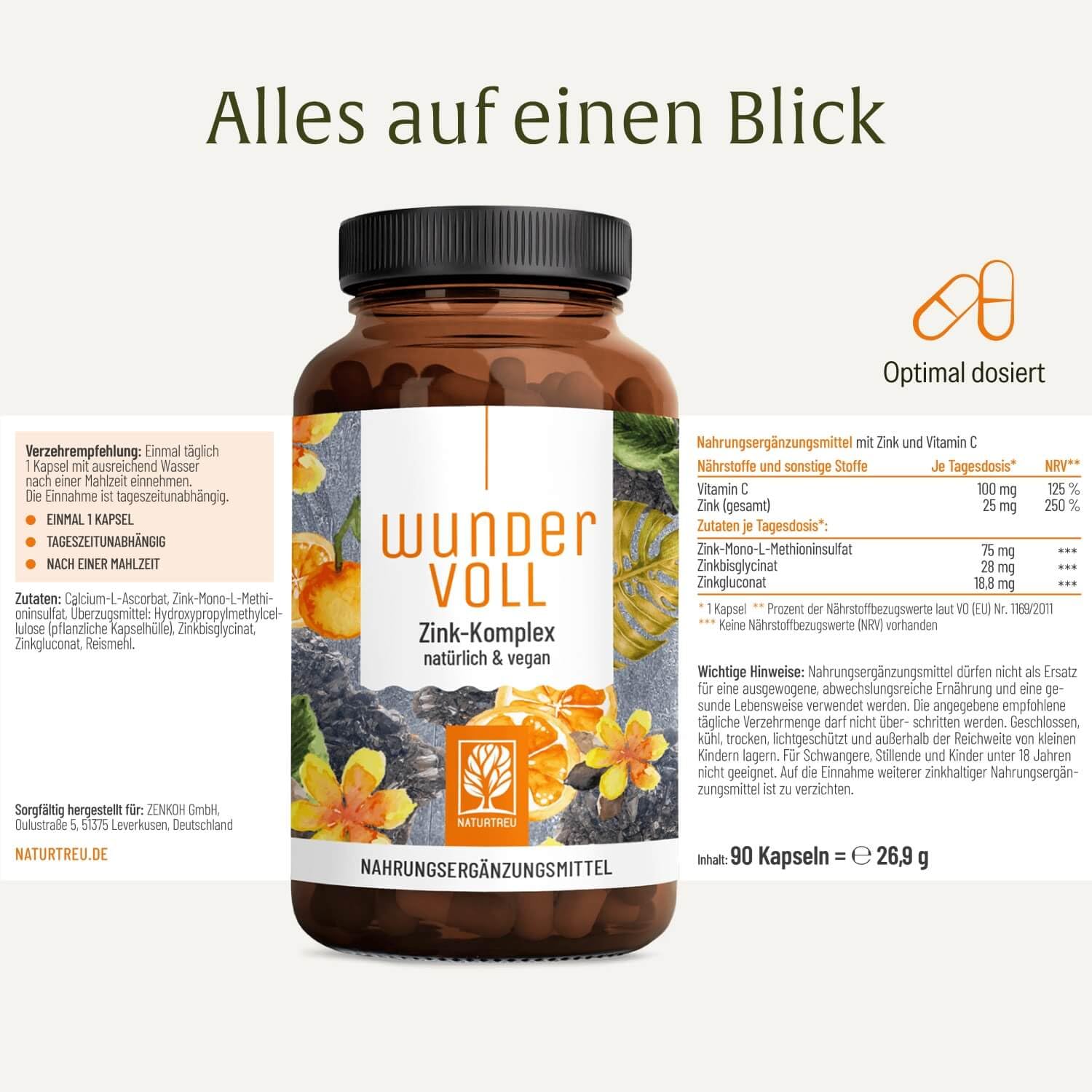 NATURTREU® Zink hochdosiert 25mg - 3-fach Vitamin C Zink Kapseln | 270 Tage Vorrat - Vorteilsbundle 3er Paket - vegan - in Deutschland produziert - Zink Komplex Vitamin C