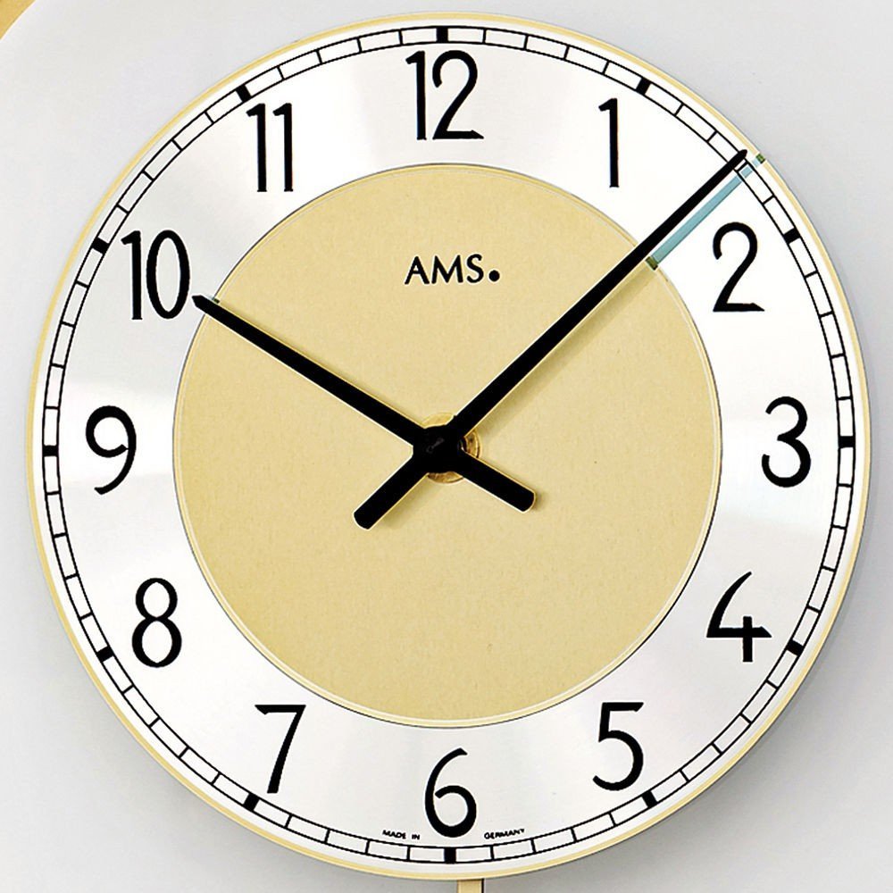 AMS Pendeluhr 7437 Wohnzimmer Wanduhr aus geschwungenem Glas Wand Glasuhr mit Metallpendel Dekouhr