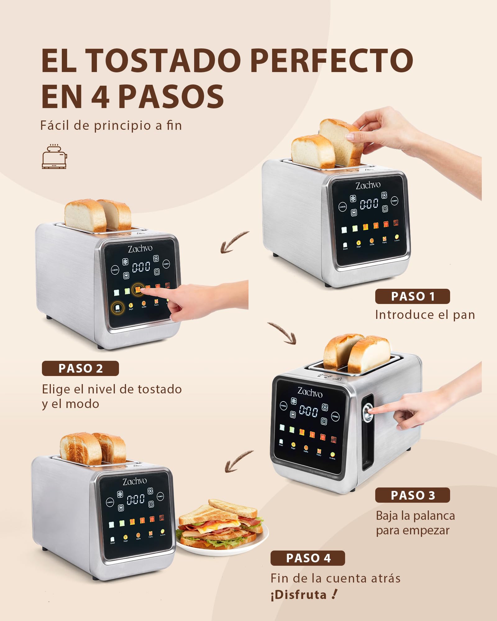 Tostadora de 2 Rebanadas de Acero Inoxidable con Pantalla Táctil Grande, Cuenta Atrás LED y Memoria, Modos Una Rebanada y Bagel, Pinza para Sándwich, Calientapanecillos