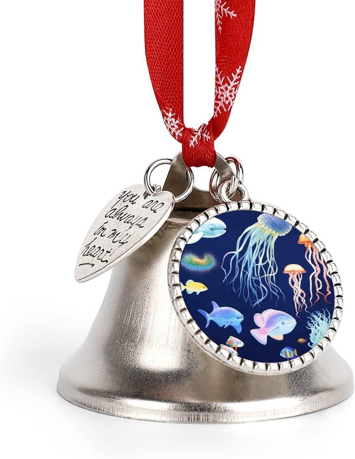 Aquatic Sea Animal Christmas Bells Ornaments with Wings & Heart Silver Bell Pendant for Christmas Tree Home Door Mantle Fireplace Decoration