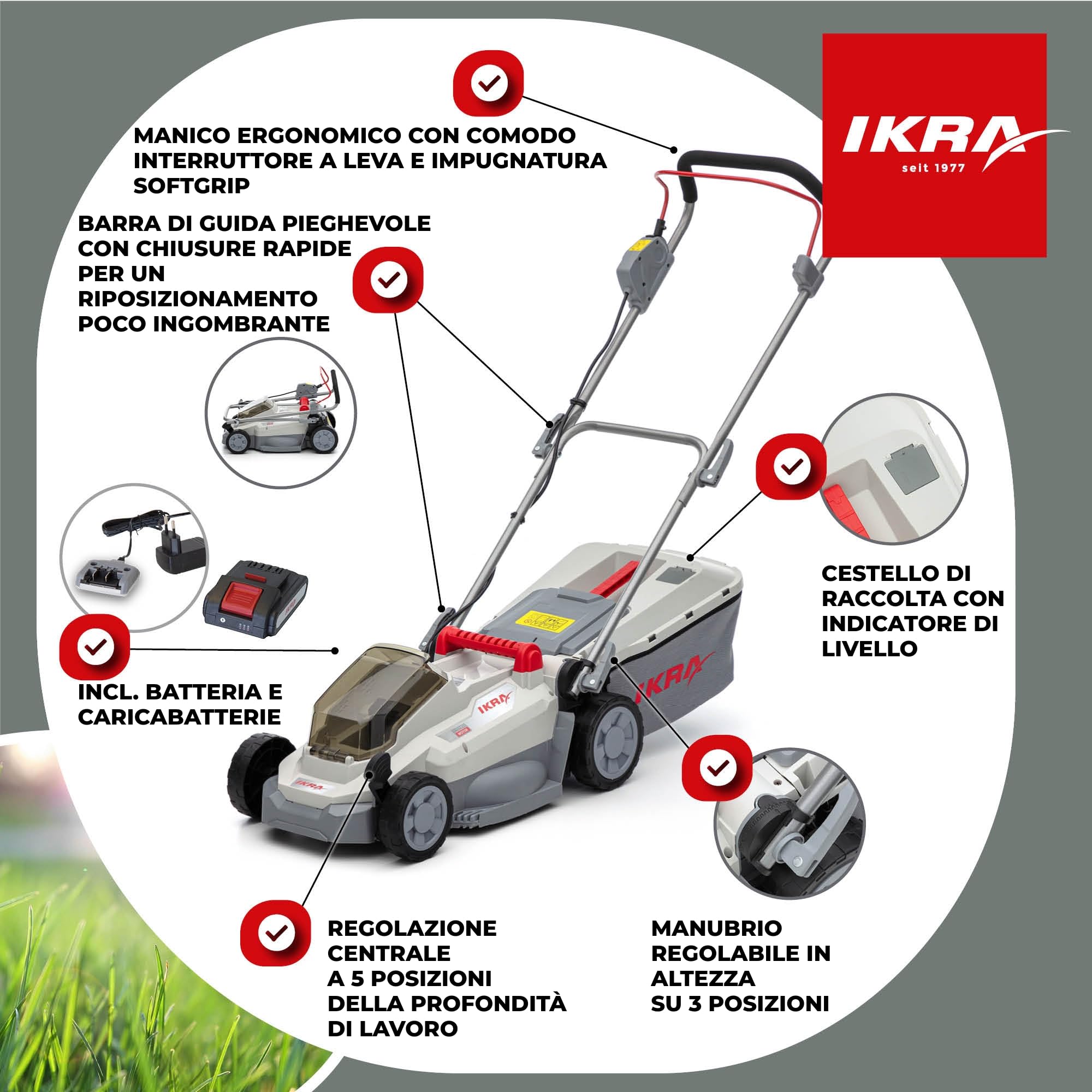 IKRA tosaerba ICM 2033, 33 cm, con 2 batterie da 20 V e caricabatterie | Altezza di taglio 25-75 mm, tosaerba mulching per prati fino a 150 m², sacco di raccolta da 30 l, batteria 20 V di IKRA