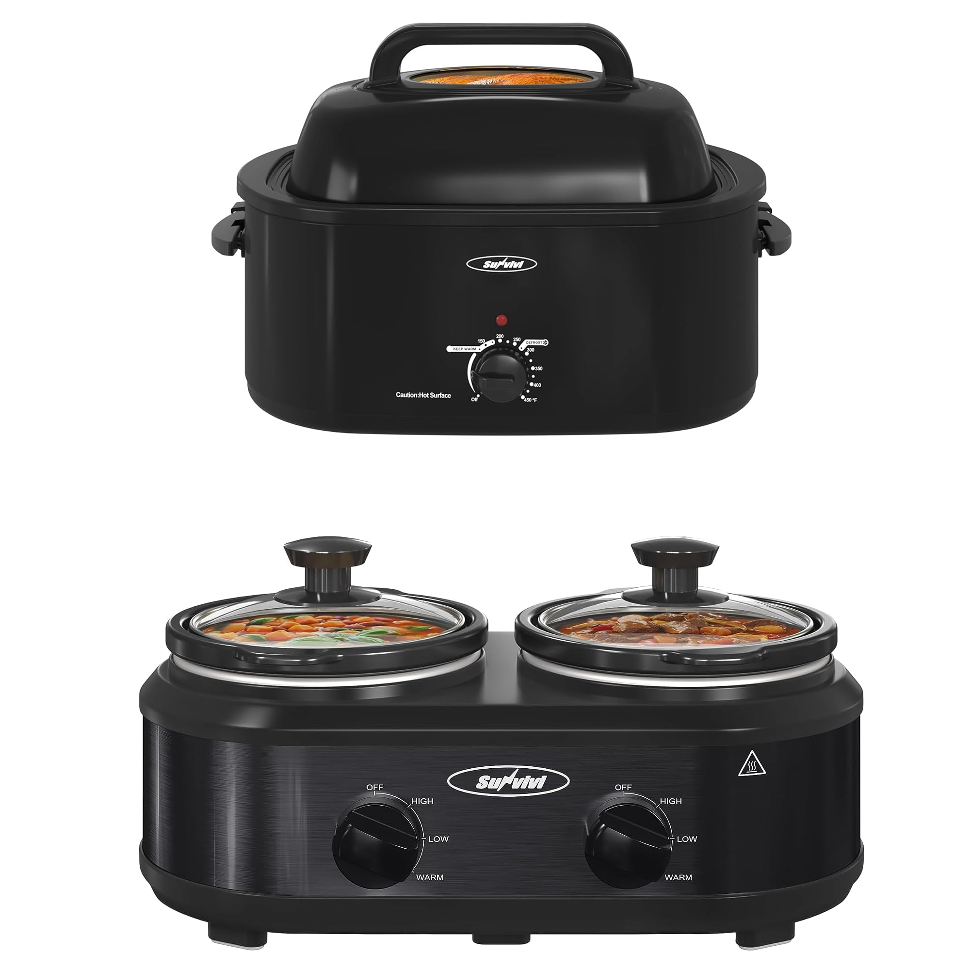Sunvivi Roaster Oven and Slow Cooker Turkey Roaster 24 QT with Unique Defrost Warm Function Black 2 Pot