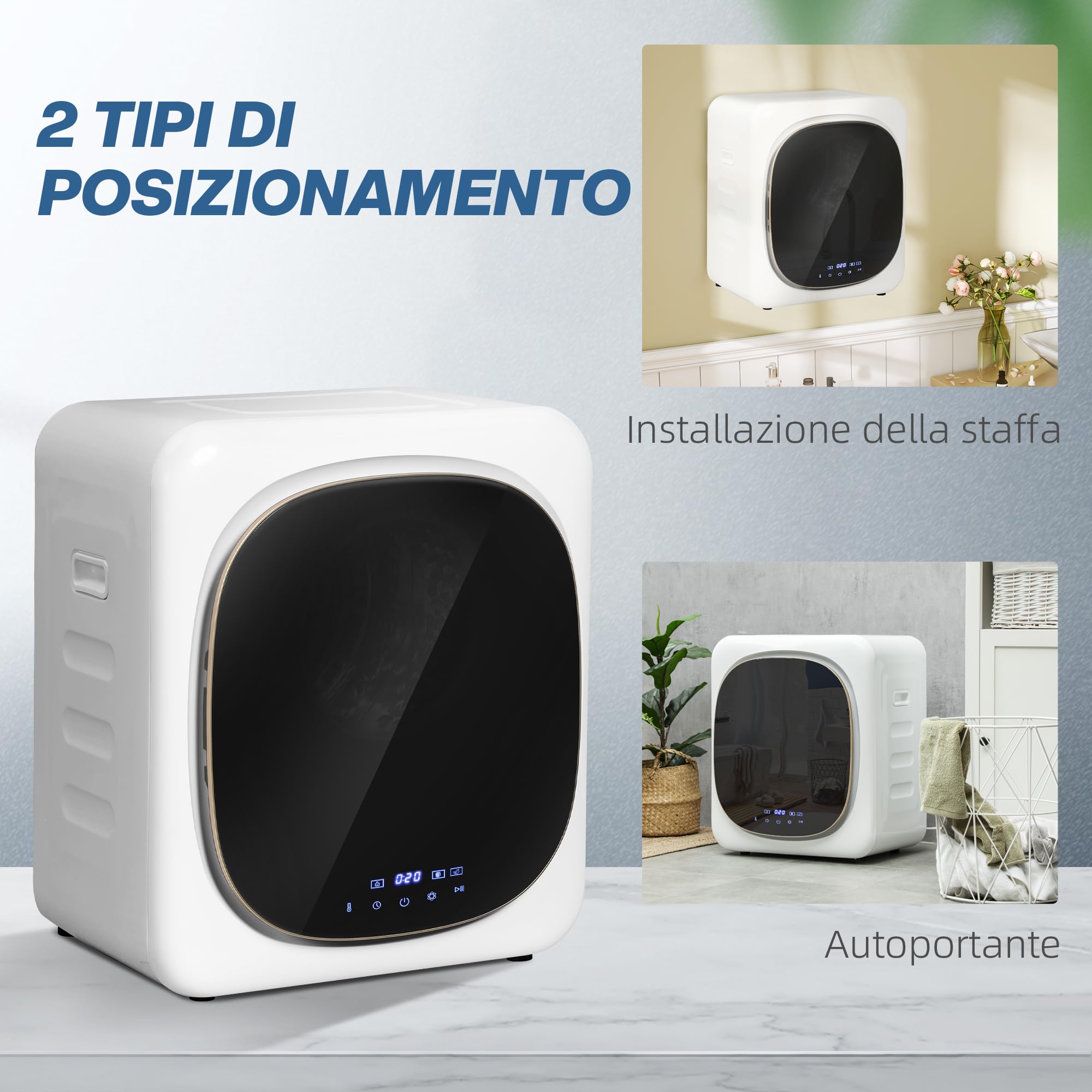 HOMCOM Mini Asciugatrice Portatile 4 kg, 6 Programmi, Display Touch, Asciugatrice Compatta 800W, Carica Frontale, Fino 60℃, Impilabile/Parete/Autoportante, Timer, Tamburo in Acciaio Inox, Casa, Bianco