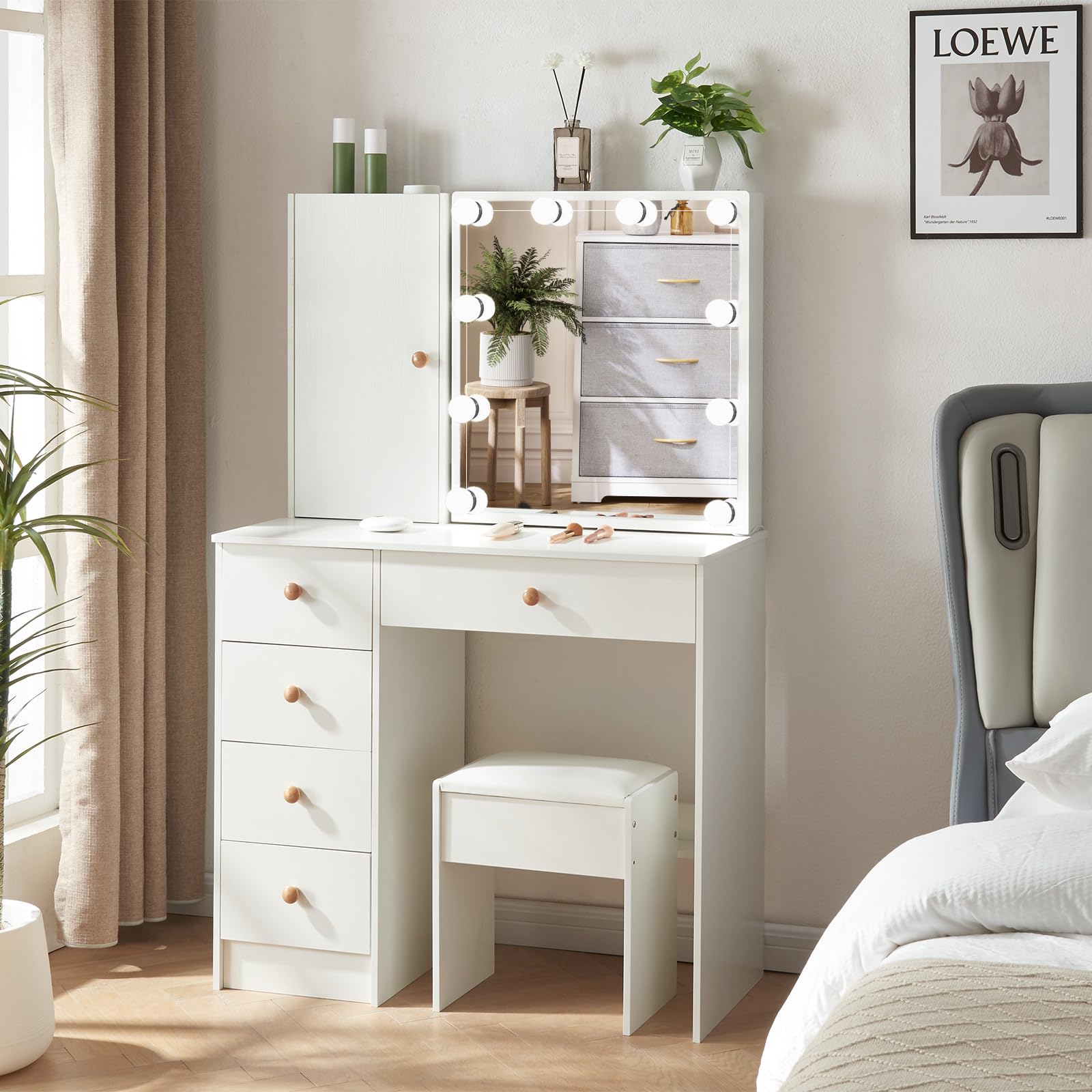 Buildonely Dressing Desk Set with Mirror and Lights, Vanity Set with 6 Storage Drawers and Cushion Stool, Hollywood Makeup Table for Bedroom, Girsl and Women. White