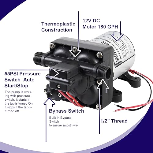 Miniatura 4 de Bomba de agua Wassermann para RV 12 voltios DC 3.0GPM 55PSI, reemplazo para 4008-101-A65, bomba de agua autocebante con diafragma y interruptor